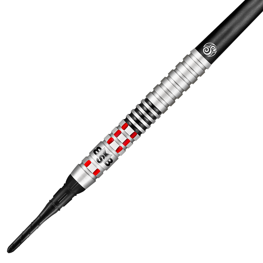 Shot Michael Smith Achieve Soft Darts Das Bild zeigt einen Shot Michael Smith Achieve Softdart. Der Dartpfeil ist silberfarben mit roten und schwarzen Akzenten und hat eine strukturierte Griffzone.
