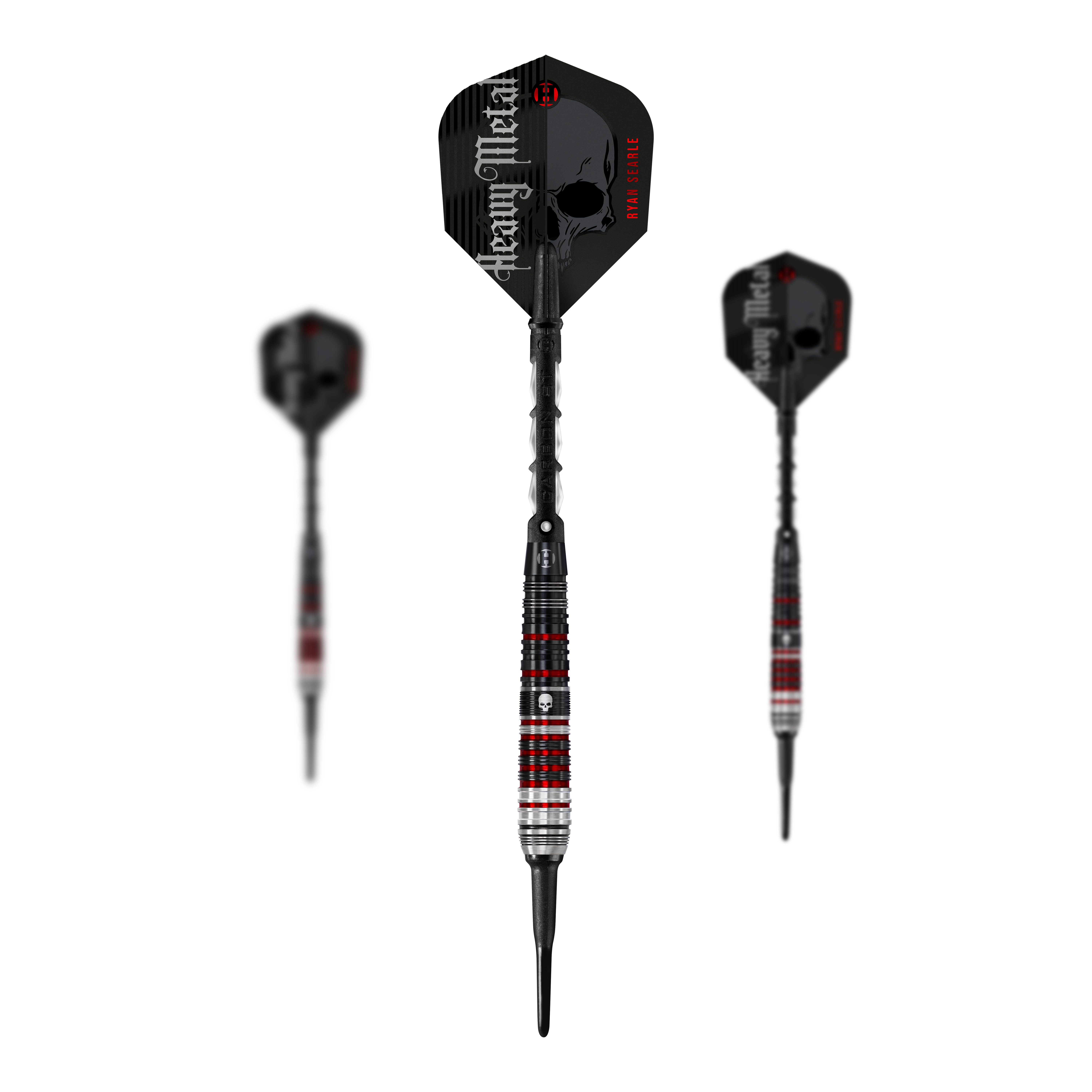 Harrow's Ryan Searle Heavy Metal Series 2 soft darts Das Bild zeigt drei Softdarts der Serie "Harrows Ryan Searle Heavy Metal Series 2". Die Darts haben ein schwarzes Design mit roten und silbernen Akzenten sowie einen Schädel auf dem Schaft.