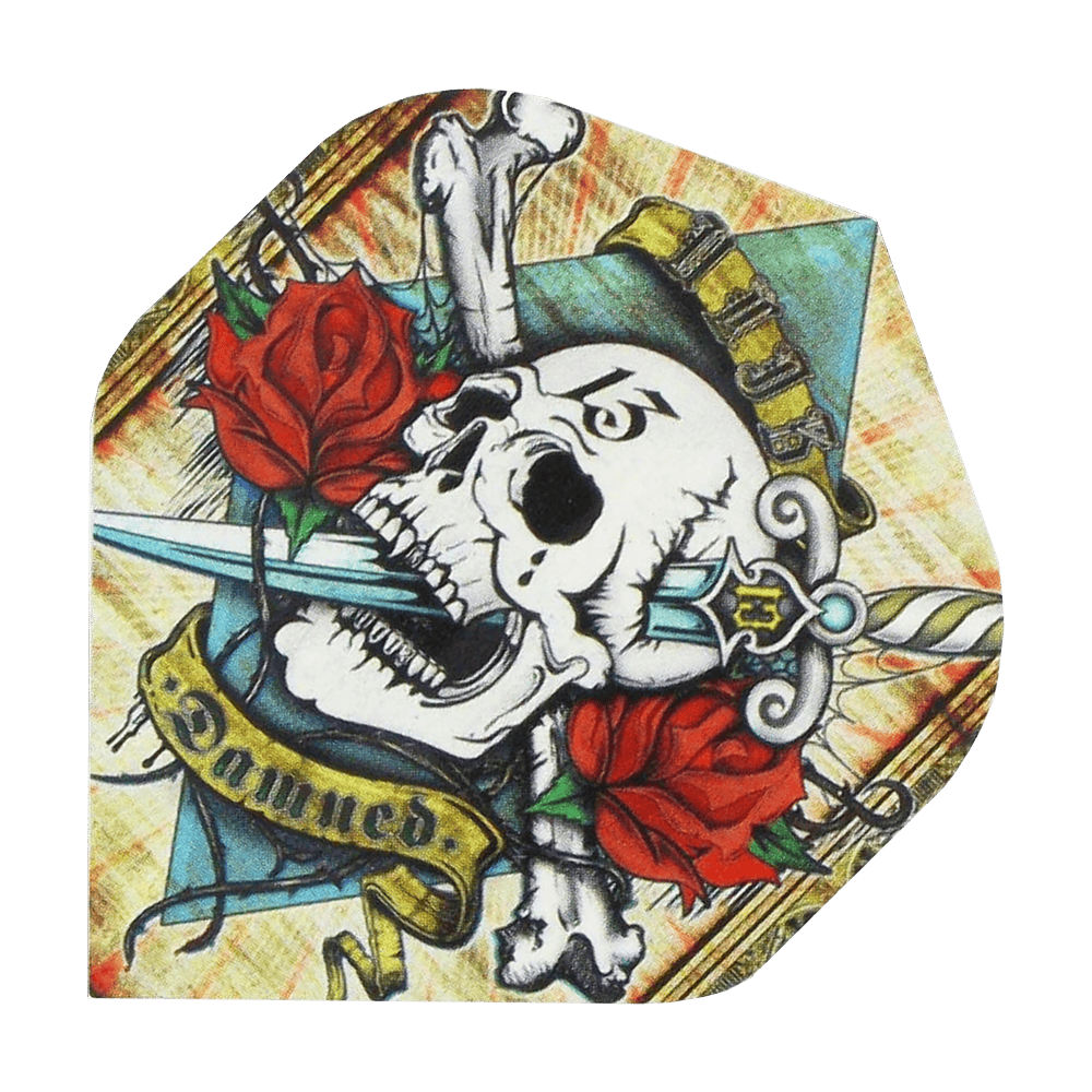 ALC4_Alchemy_Damned_Standard_Flights_1 Das Bild zeigt ein buntes Design mit einem Totenkopf, zwei roten Rosen und einem Dolch. Auf einem gelben Banner steht das Wort „Damned“.