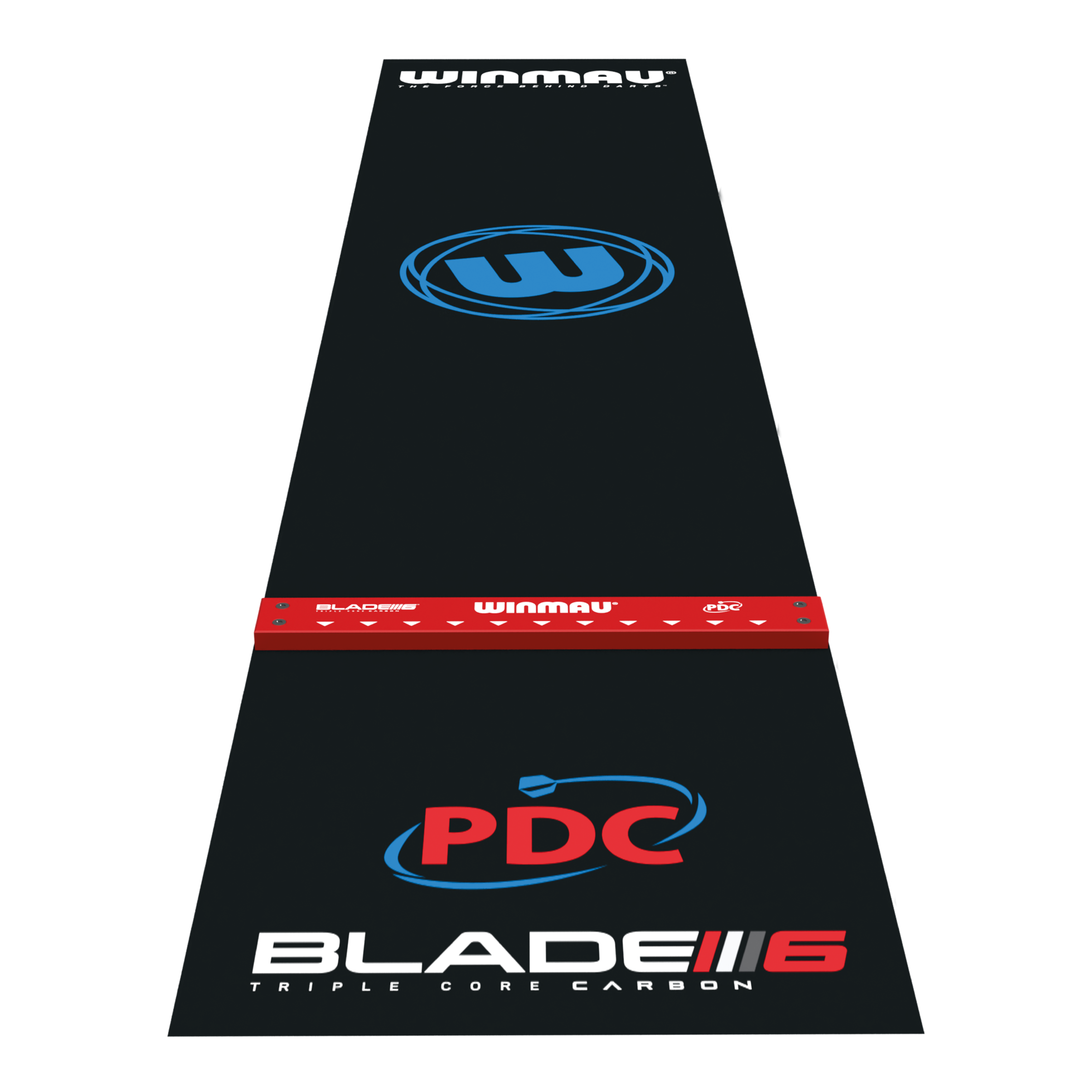 Winmau Pro-Zone Precision Blade 6 dart mat with Oche Das Bild zeigt die Winmau Pro-Zone Precision Blade 6 Dartmatte mit Oche. Die Matte ist schwarz mit farbigen Logos und einem roten Abwurfbalken versehen.