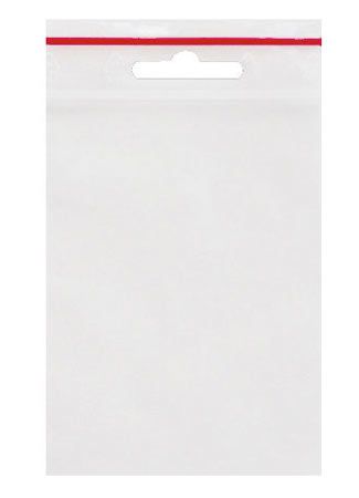 bt5189009d58cf7 Das Bild zeigt eine transparente Kunststofftüte mit Euroloch und rotem Verschlussstreifen. Die Tüte hat die Maße 60x43 mm und eignet sich zum Aufhängen von kleinen Produkten.