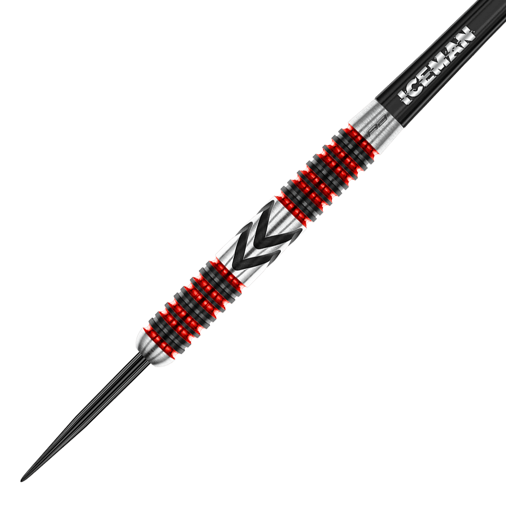 RD2567_Red_Dragon_Gerwyn_Price_Firebird_Steeldarts_2 Dies ist ein Steeldart mit silberner, schwarzer und roter Verzierung. Auf dem Schaft steht das Wort "ICEMAN".