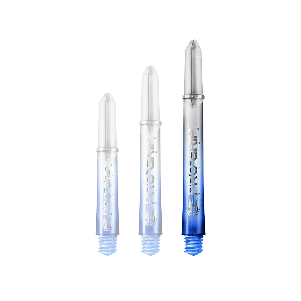 Target Pro Grip Vision Shafts - 3 Sets - Blue Das Bild zeigt drei unterschiedlich lange Dartshafts der Marke "Pro Grip" in Blau. Sie sind unten blau und werden nach oben hin durchsichtig.