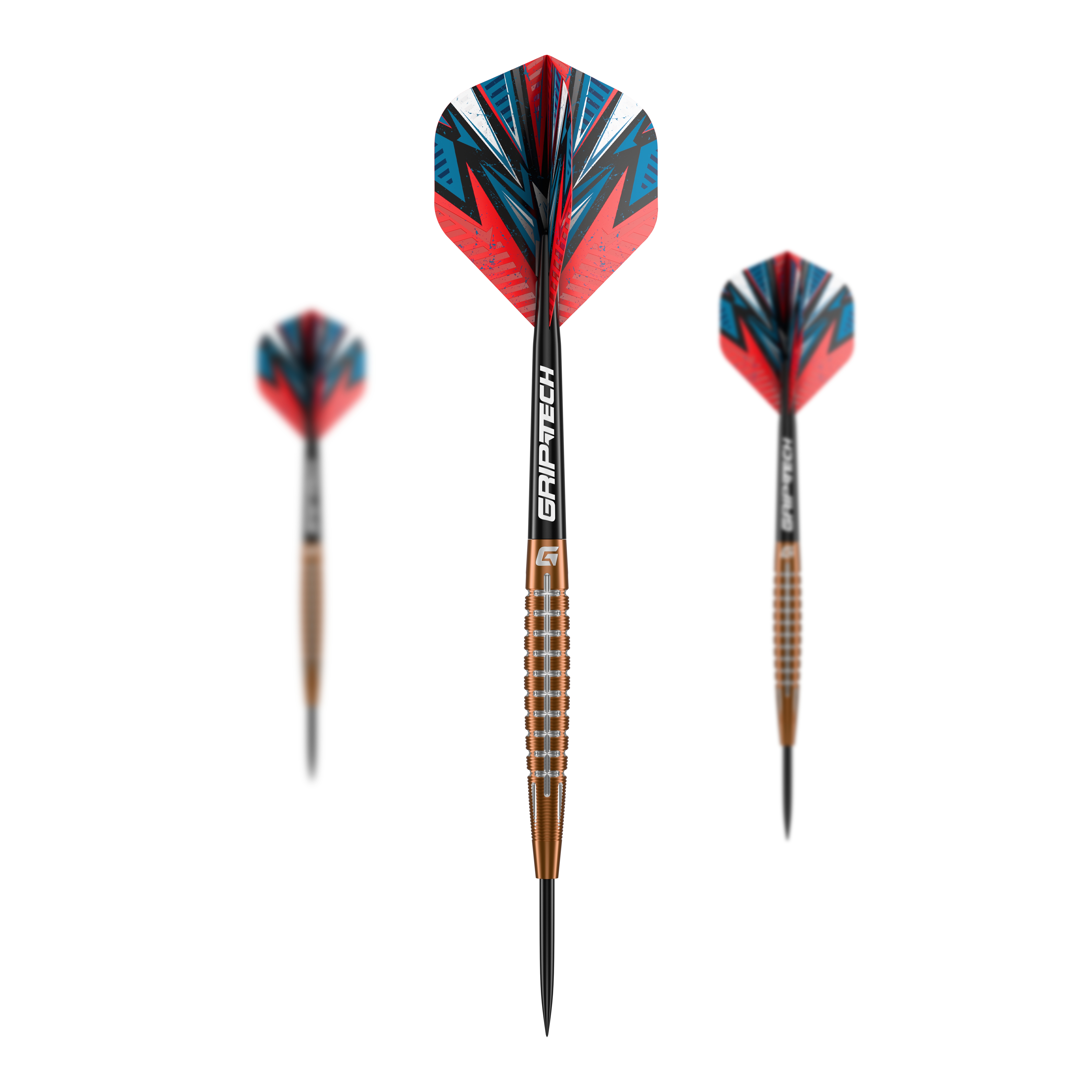 GOAT Quarterback V1 Tungsten Steel Darts Das Bild zeigt drei GOAT Quarterback V1 Tungsten Steeldarts. Die Pfeile haben bunte Flights in Rot, Blau und Schwarz sowie einen bronzefarbenen, gerillten Schaft.