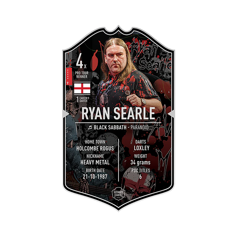 Ultimate Darts Card - Ryan Searle Das Bild zeigt die „Ultimate Darts Card“ von Ryan Searle. Auf der Karte sind Informationen zu seinem Spitznamen, Geburtsdatum, Herkunft und Erfolgen im Dartsport zu sehen.