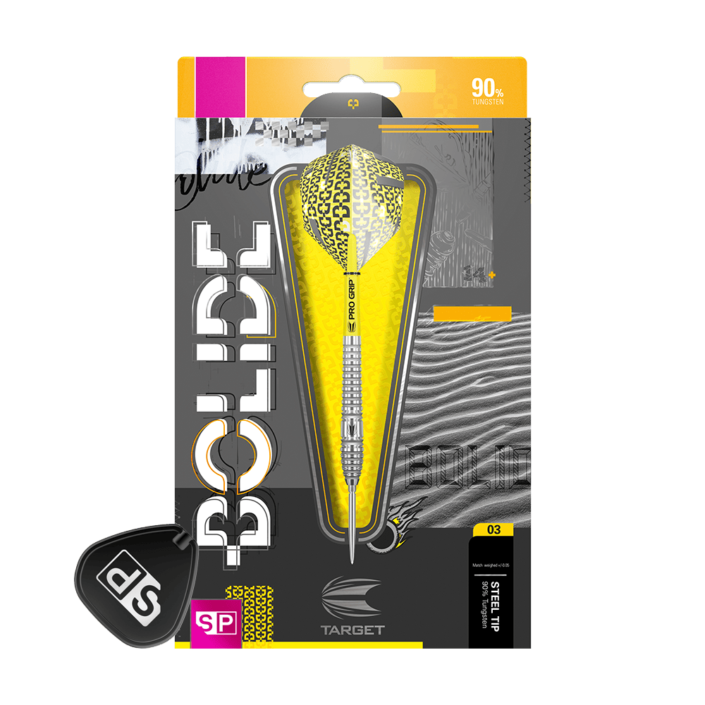 190057_Target_Bolide_03_Swiss_Point_Steeldarts_3UUUoFdBqd6UmH Das Bild zeigt die Steeldarts "Target Bolide 03 Swiss Point" in einer auffälligen gelb-schwarzen Verpackung. Auf der Schachtel sind Informationen wie 90% Tungsten und das Swiss Point-System zu sehen.