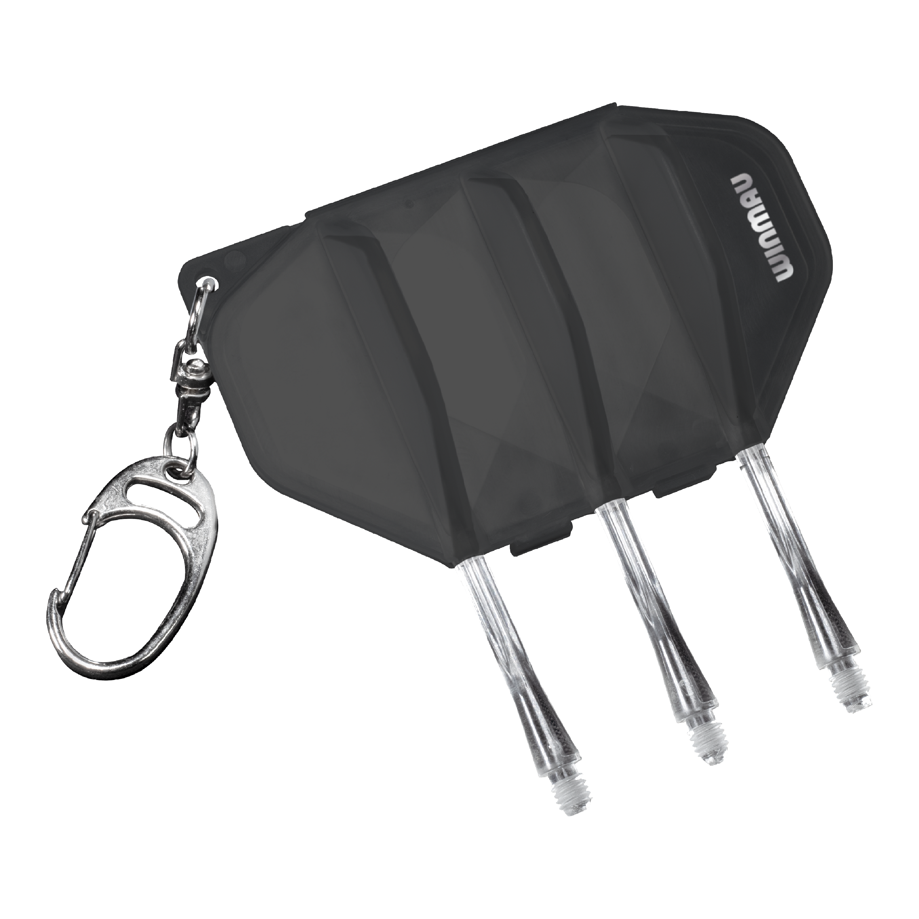 Winmau Fusion Flight Case - Clear Black Das Bild zeigt das Winmau Fusion Flightcase in der Farbe Clear Black. Es besitzt einen Schlüsselanhänger und Platz für Darts-Flights und -Shafts.