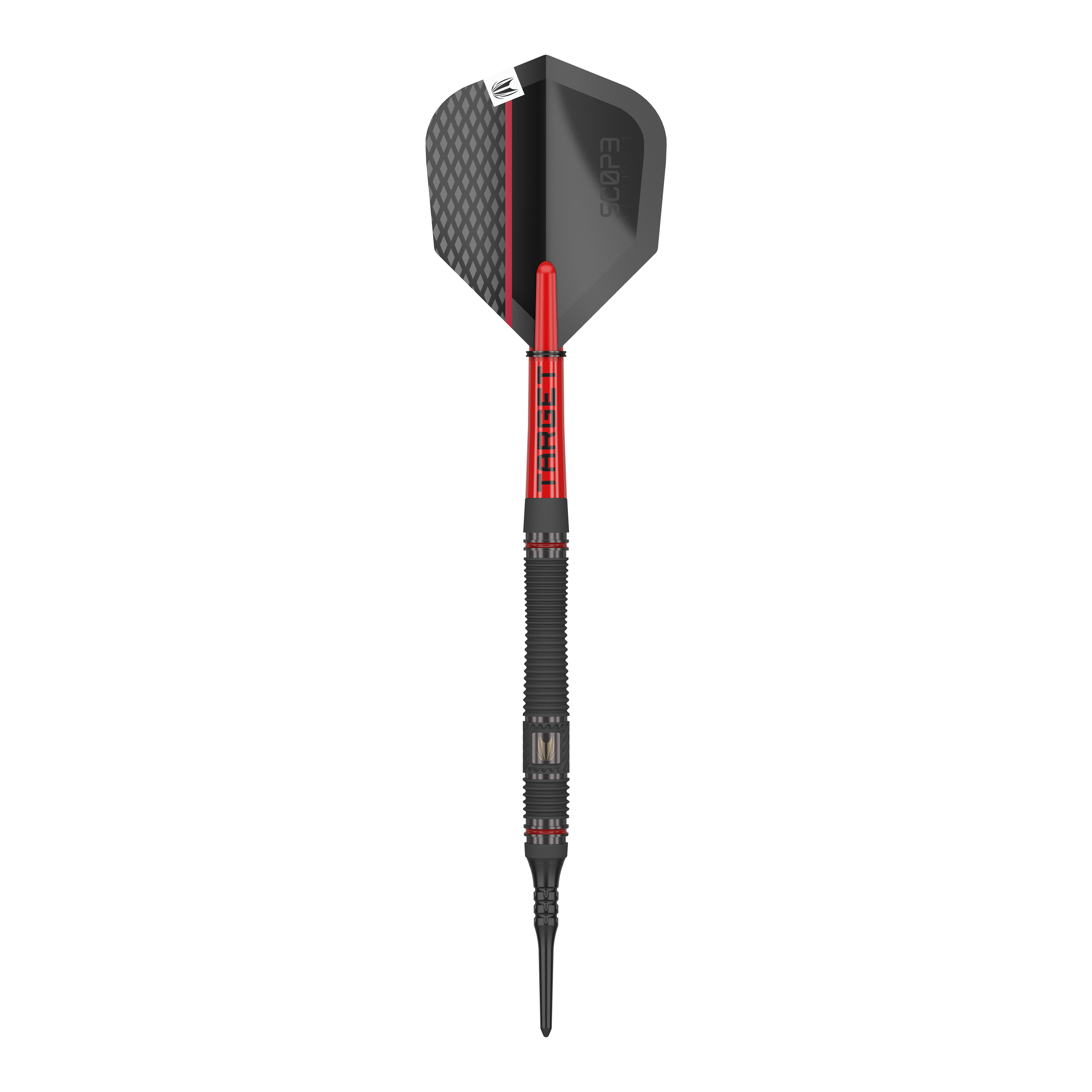 Target Scope 11 Soft Darts Das Bild zeigt einen Softdart namens "Target Scope 11 Softdarts". Der Dart ist schwarz und rot mit einem modernen Design und einer strukturierten Oberfläche.