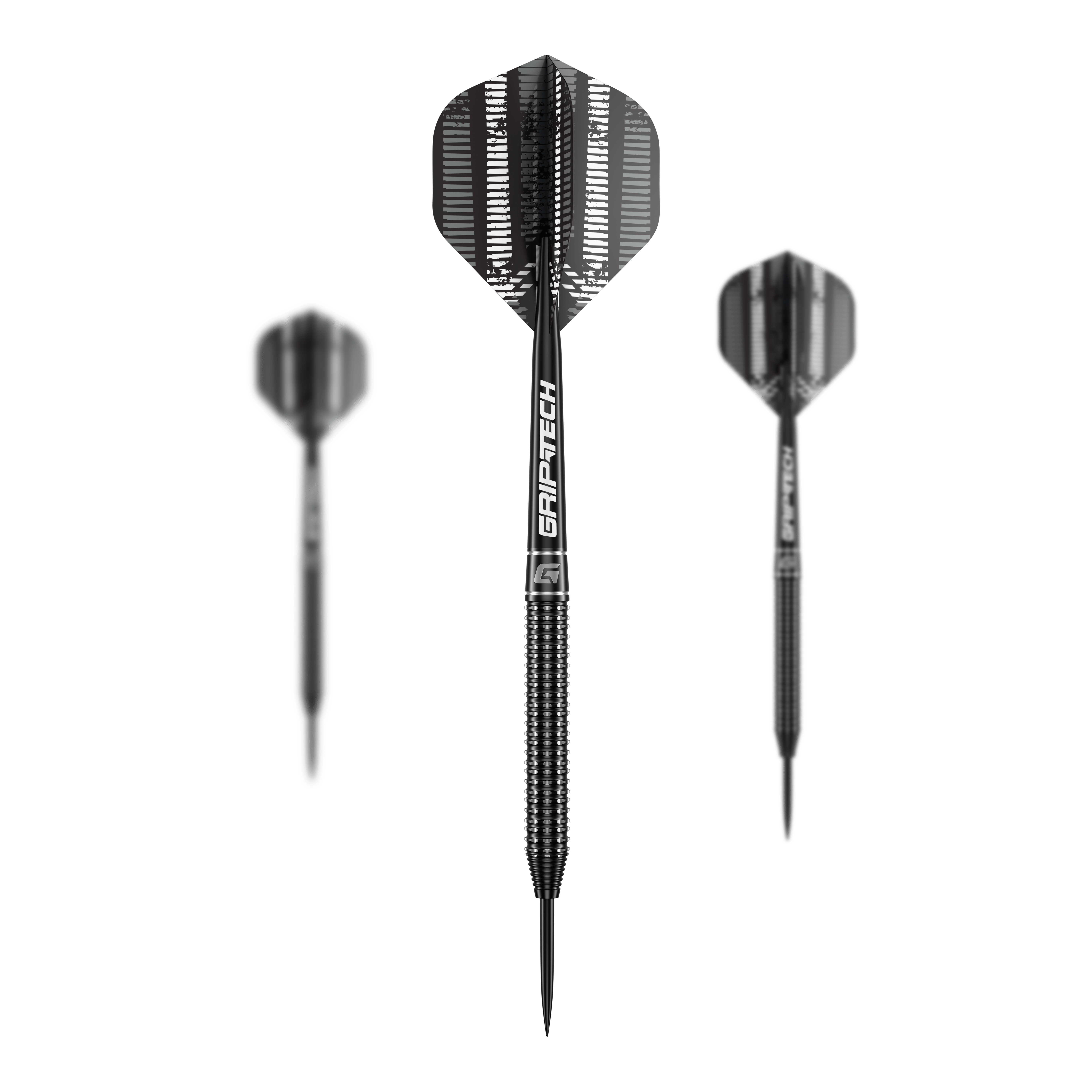 GOAT Sprocket Tungsten Steel Darts Das Bild zeigt drei schwarze Steeldarts mit der Aufschrift "GRIPTECH" auf den Schäften. Es handelt sich um das Produkt "GOAT Sprocket Tungsten Steeldarts".
