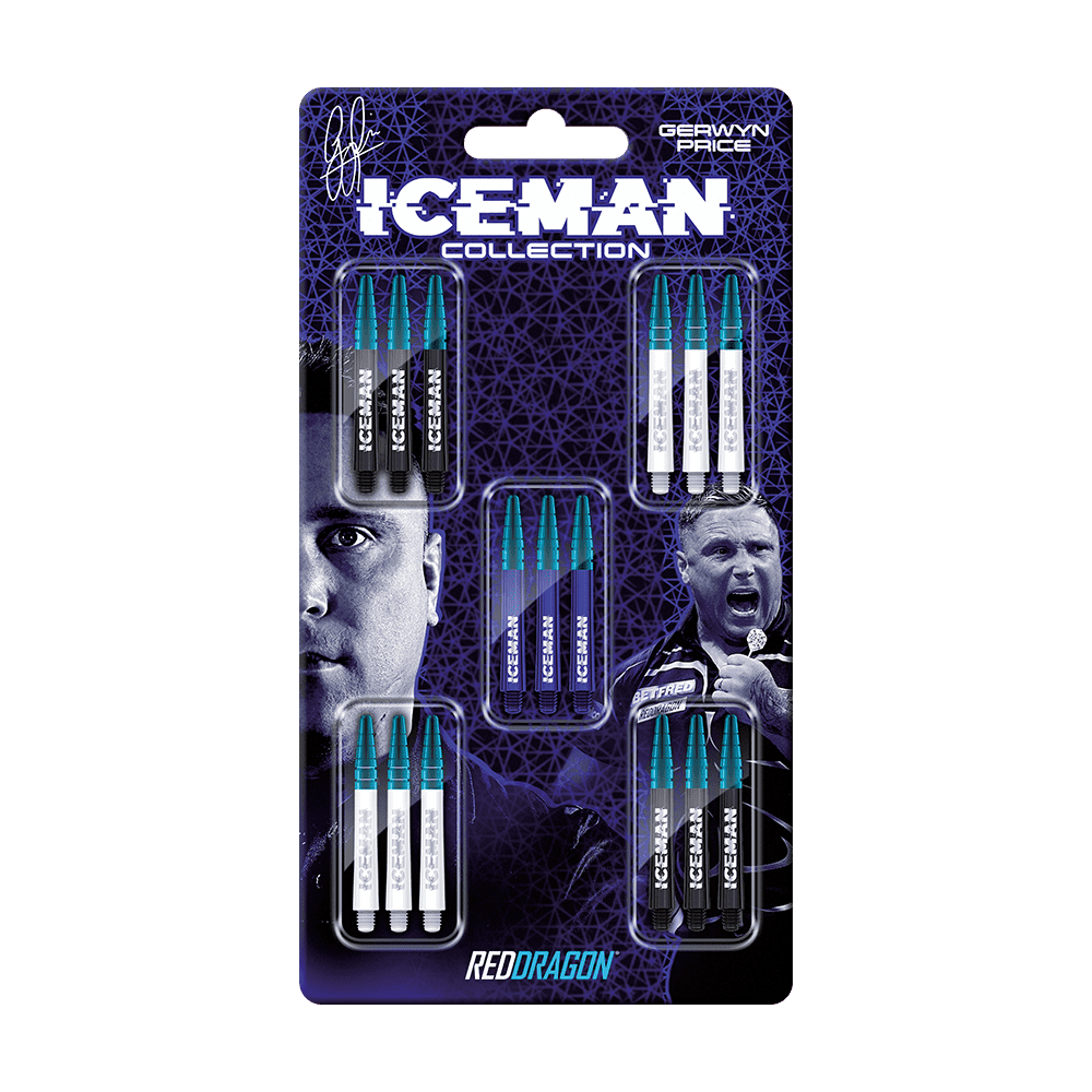 X0793_Red_Dragon_Gerwyn_Price_Iceman_Shaft_Collection_Medium_1 Das Bild zeigt das Produkt "Red Dragon Gerwyn Price Iceman Shaft Collection Medium" in seiner Verpackung. Die Verpackung enthält mehrere Sets von Dartshafts in verschiedenen Farben und trägt das Bild sowie den Namen von Gerwyn Price.