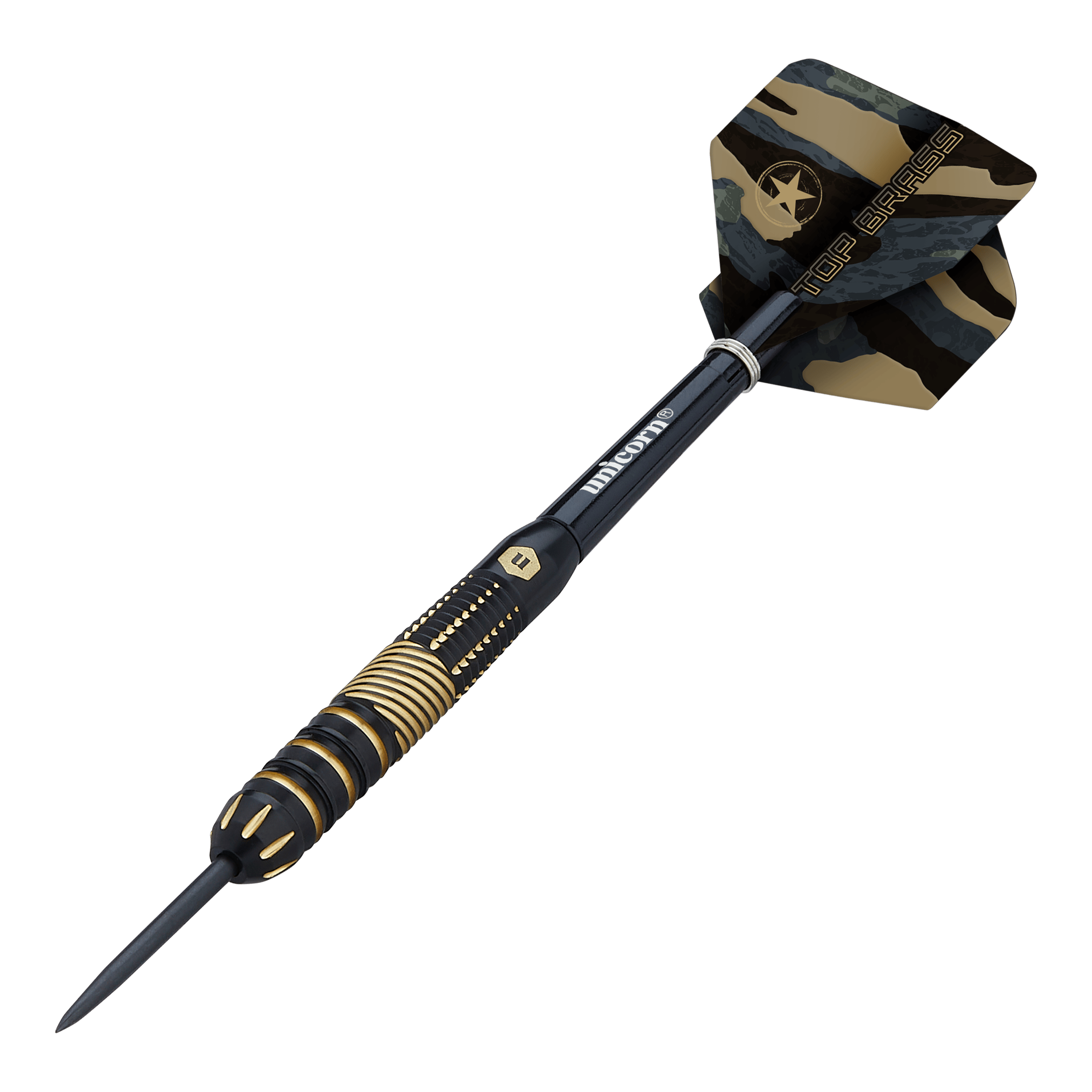 Unicorn Top Brass V2 Steeldarts - 19g Das Bild zeigt einen Dartpfeil des Modells „Unicorn Top Brass V2 Steeldarts - 19g“. Der Pfeil ist schwarz-gold gestaltet und hat eine camouflagemusterte Flügelspitze mit der Aufschrift „TOP BRASS“.