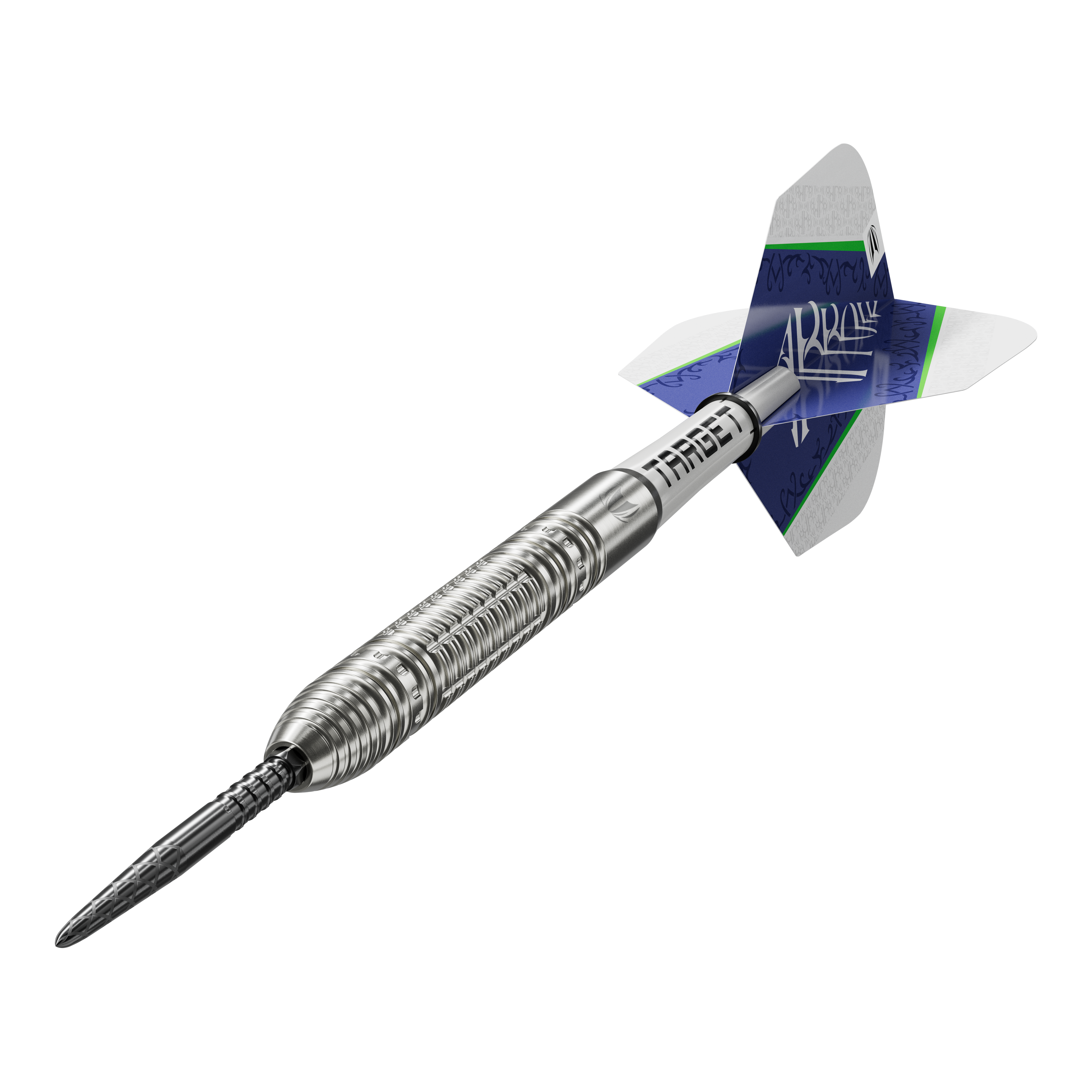 Target Shane McGuirk GEN1 Swiss Point Steel Darts - 23g Das Bild zeigt den Target Shane McGuirk GEN1 Swiss Point Steeldart mit einem Gewicht von 23g. Der Dart hat ein silbernes, geriffeltes Barrel und blaue Flights mit weiß-grünen Akzenten.