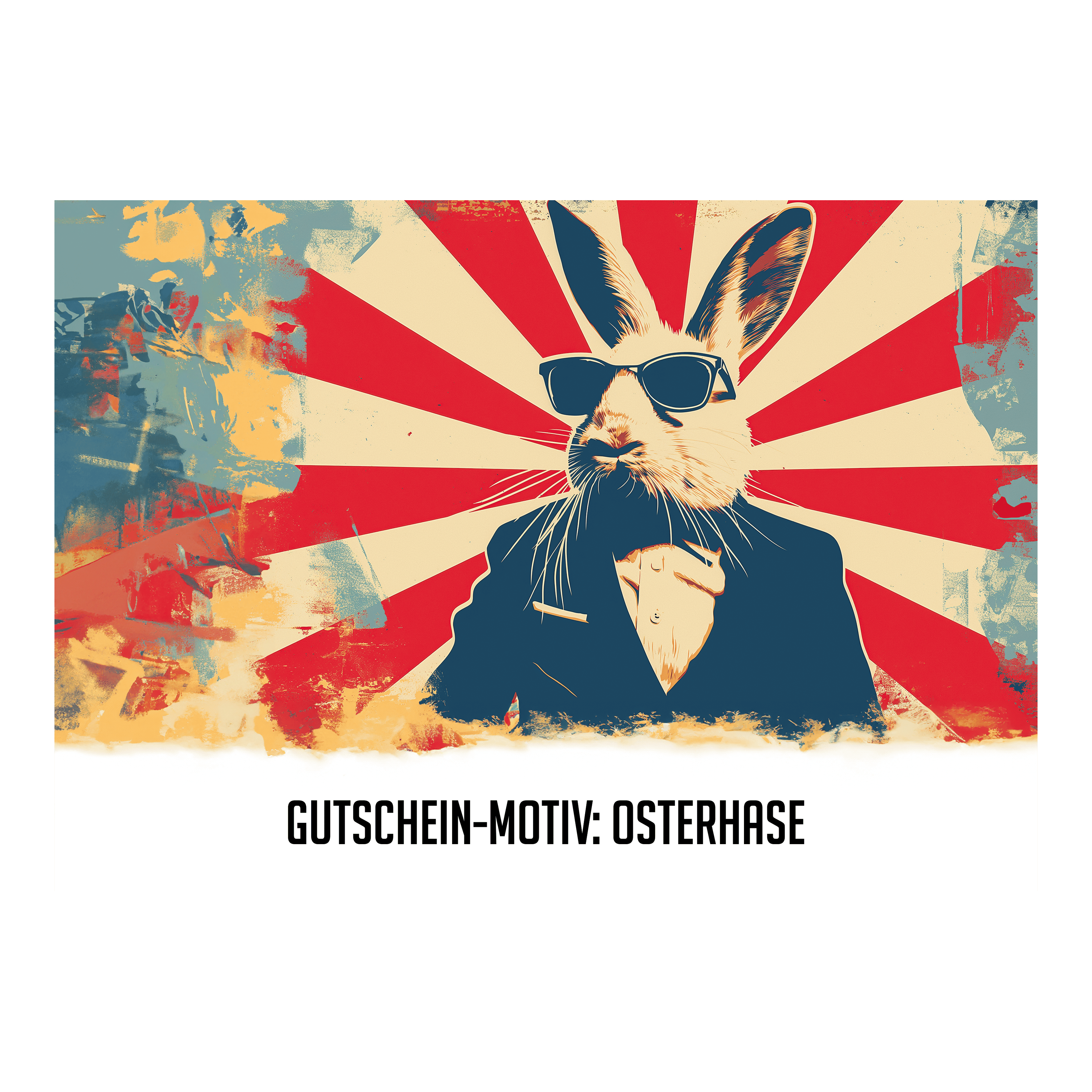 Easter voucher Das Bild zeigt einen stilisierten Osterhasen im Anzug und mit Sonnenbrille vor einem bunten Hintergrund. Unten steht der Text: "GUTSCHEIN-MOTIV: OSTERHASE".