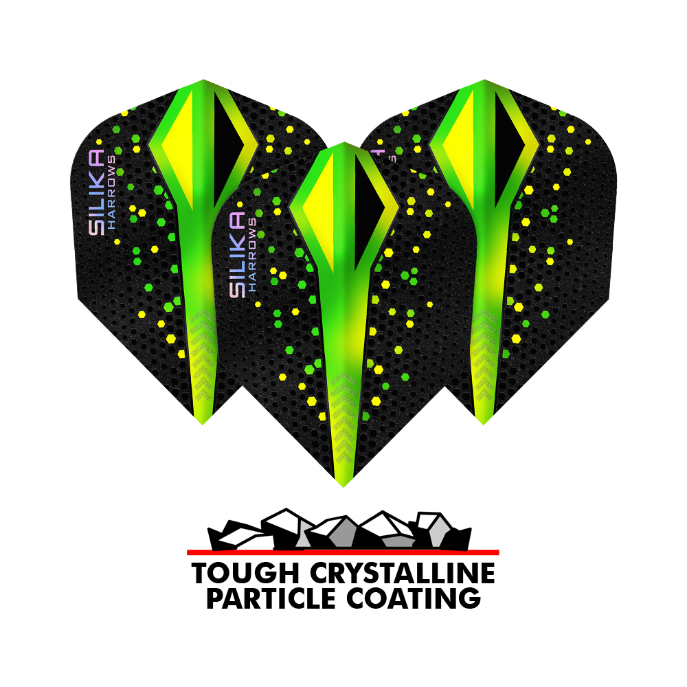Harrows Silika Colorshift Tough Crystalline Coating Green No6 Flights Das Bild zeigt drei Harrows Silika Colourshift Tough Crystalline Coating Green No6 Flights mit schwarzem Hintergrund und grünen, gelben Akzenten. Darunter steht ein Logo mit der Aufschrift "Tough Crystalline Particle Coating".