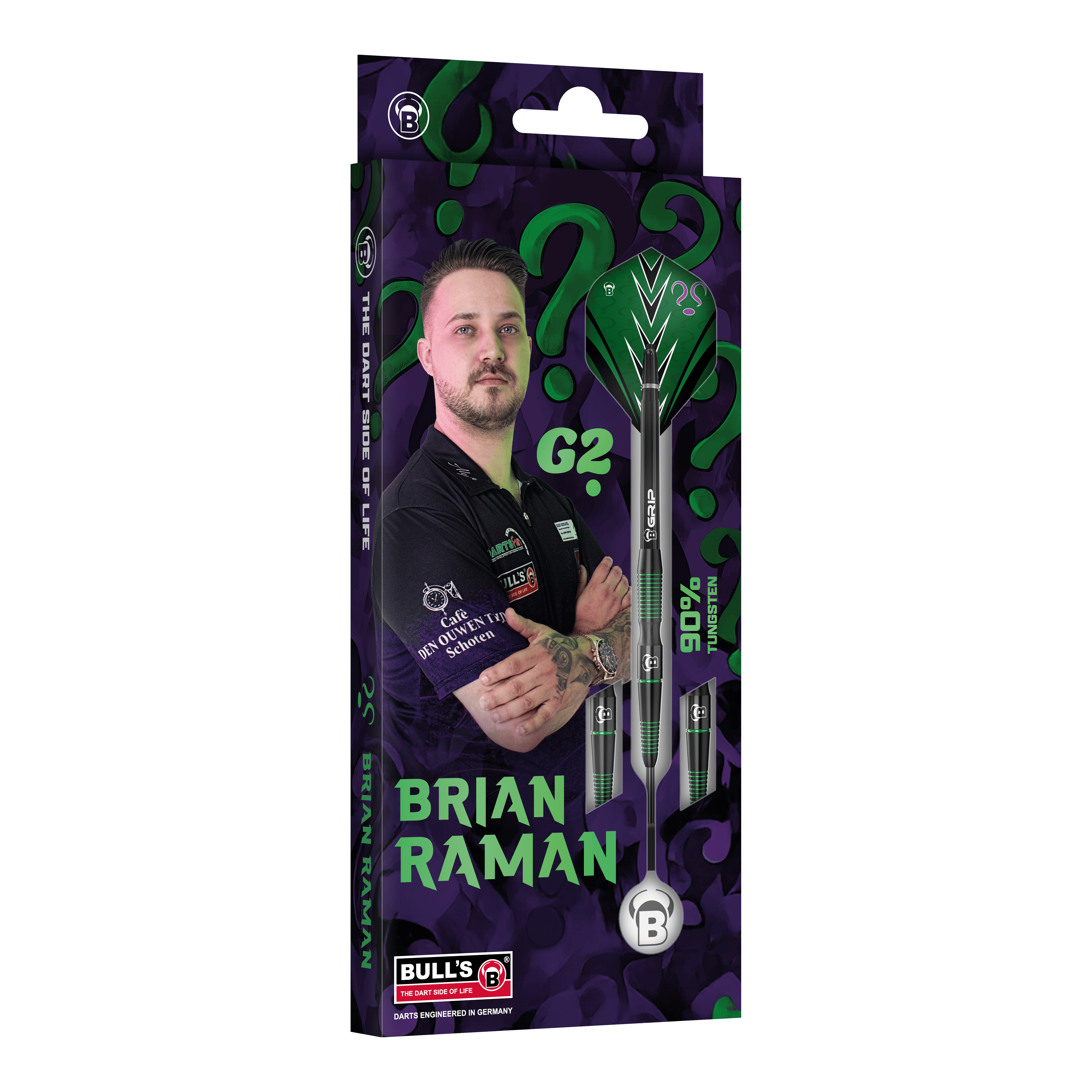 Das Bild stellt die Bulls Brian Raman G2 Steeldarts dar. Dieses hochwertige Dartprodukt ist beliebt bei Spielern.