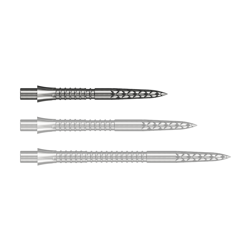 Das Bild zeigt eine Steeldartspitze aus Silber mit 26 mm Länge. Dieses Produkt wird durch die Datei M002127_Missoin_Caliburn_EVO_GV-Logo_Steeldartspitzen_Silber_26mm_1 dargestellt.