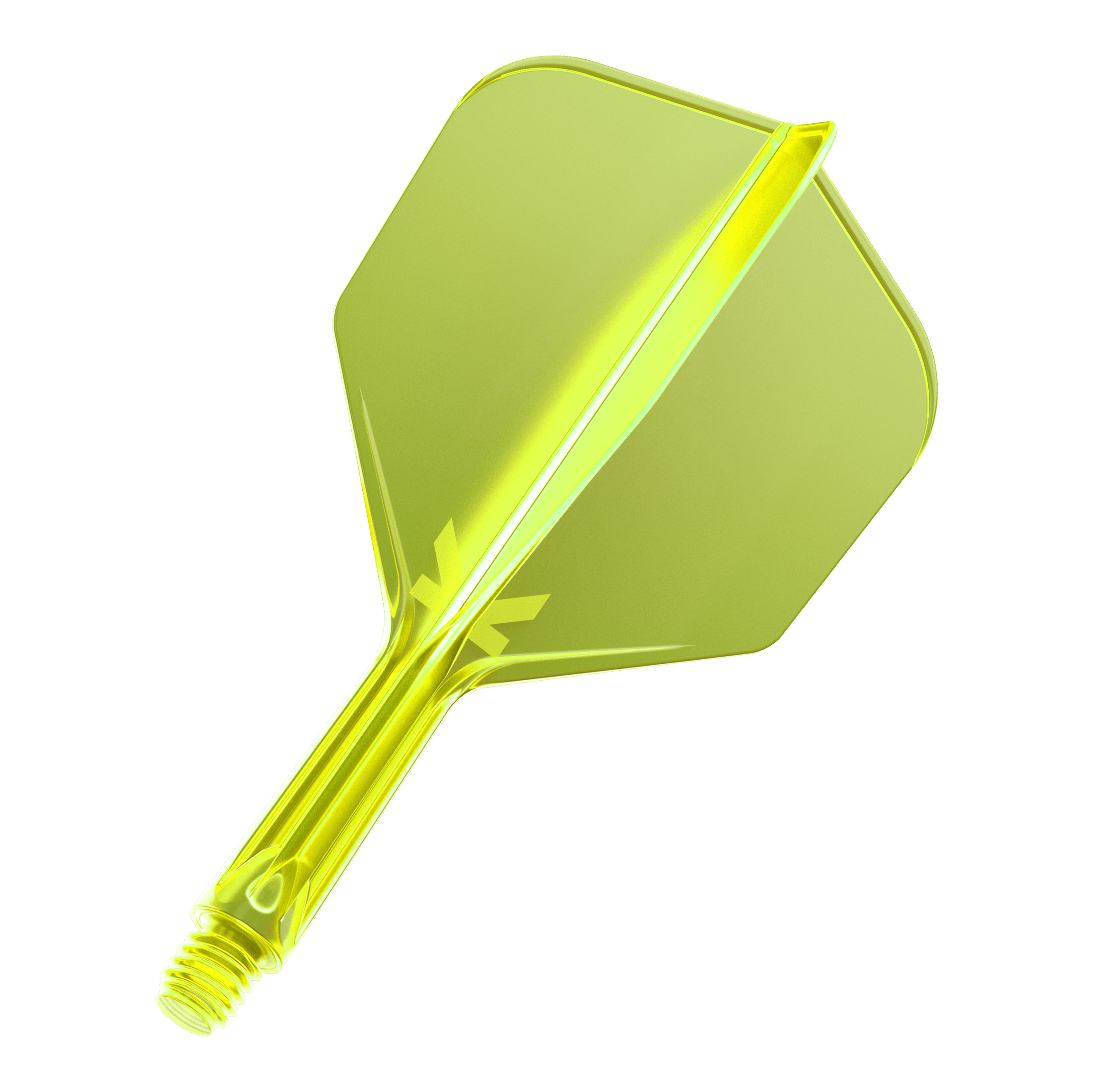 Target K-Flex No6 Flight System - Neon Yellow Das Bild zeigt einen neon-gelben Dartflug mit integriertem Schaft. Das Material wirkt durchsichtig und hat eine glänzende Oberfläche.