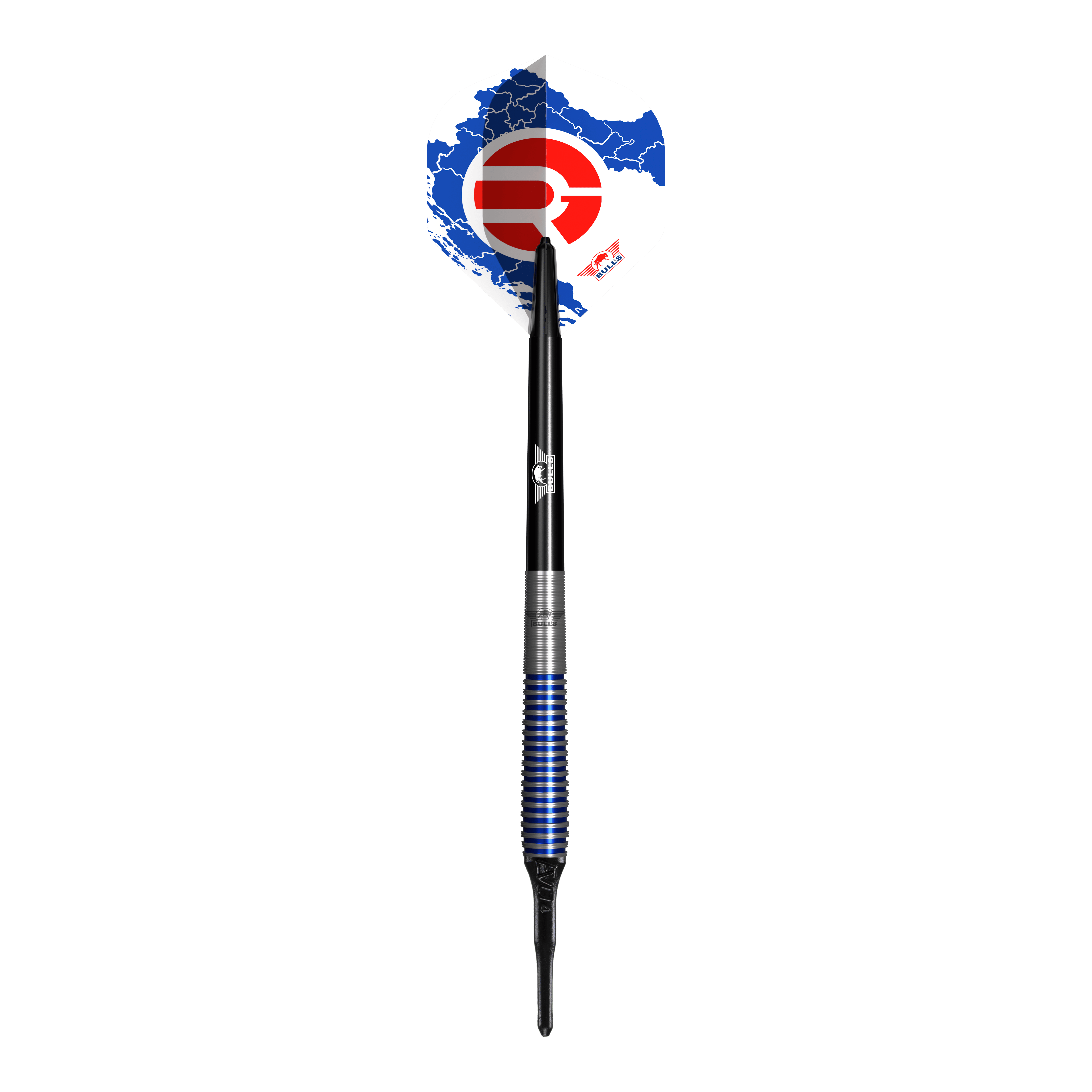 Bulls NL Romeo Grbavac soft darts - 19g Das Bild zeigt einen Softdart namens "Bulls NL Romeo Grbavac Softdarts- 19g". Der Dart hat ein markantes Design mit blauen und silbernen Ringen am Griff sowie einer schwarz-weißen Flights mit roten und blauen Akzenten.