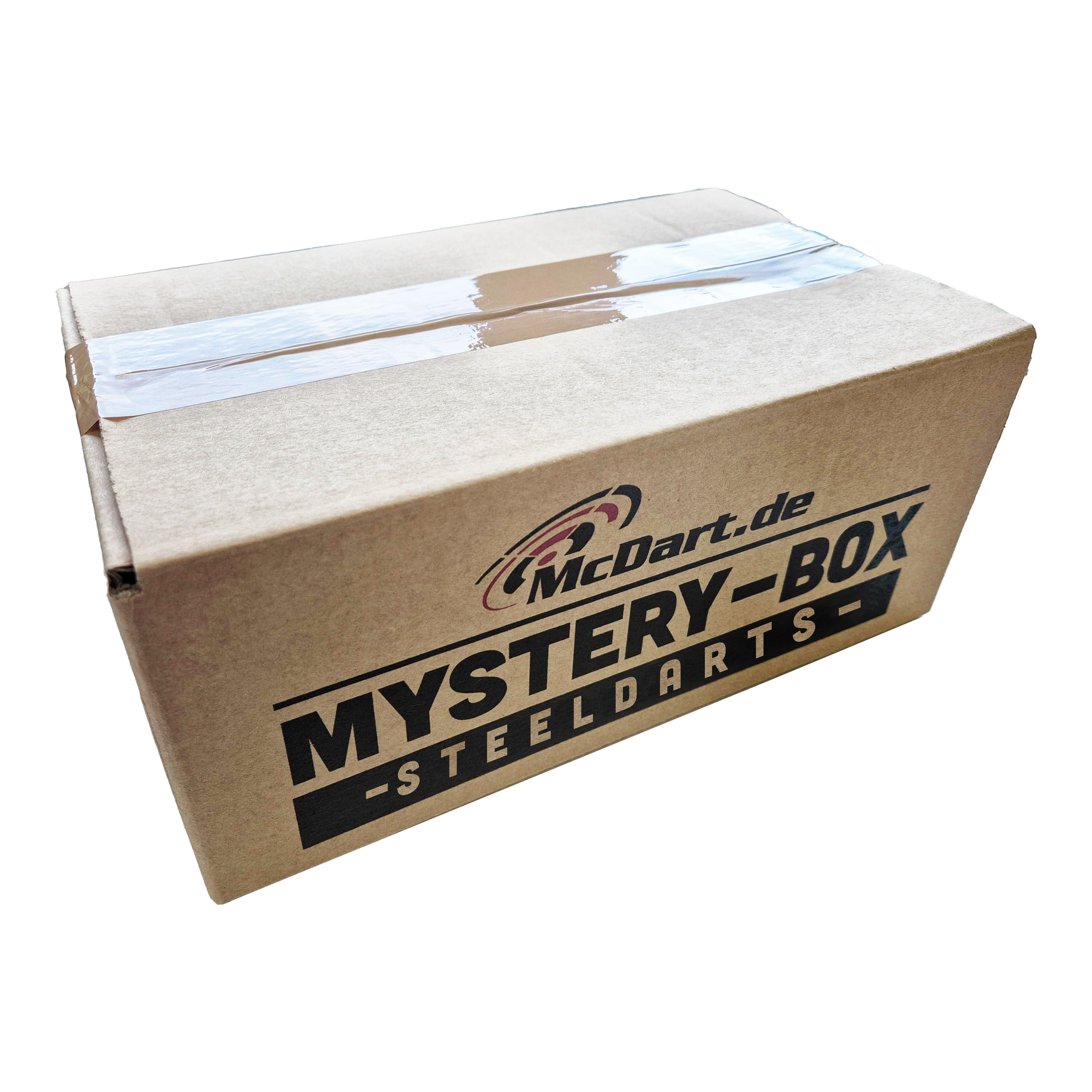 Auf dem Bild ist ein Karton mit der Aufschrift "McDart.de Mystery-Box - Steeldarts" zu sehen. Die Box ist oben mit Klebeband verschlossen.