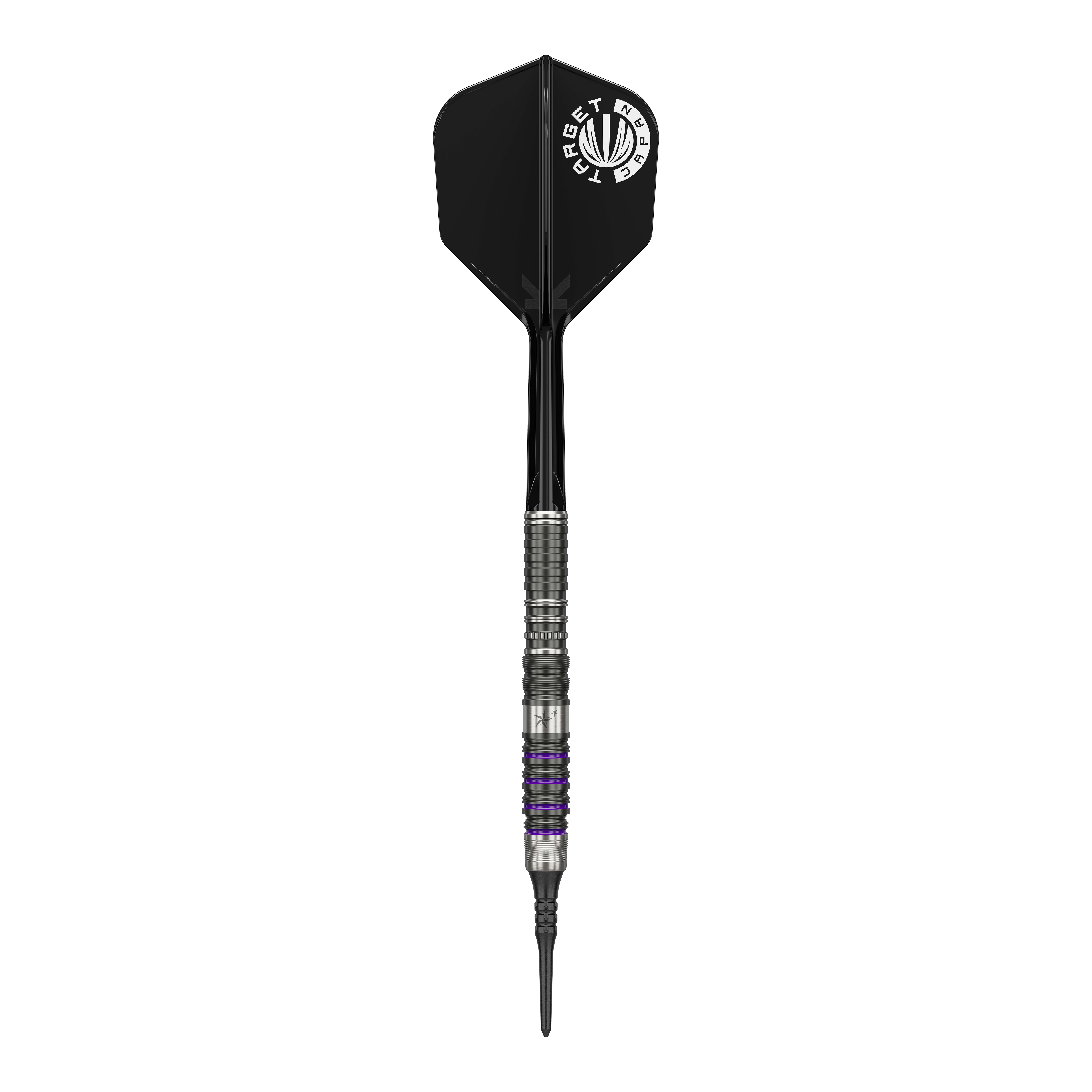 Target Japan Prime Series Yuta Hayashi Sirius GEN3 MAX Soft Darts - 21.5g Das Bild zeigt einen Softdart aus der Target Japan Prime Series, Modell Yuta Hayashi Sirius GEN3 MAX mit einem Gewicht von 21,5g. Der Dart hat ein silbernes Griffstück mit schwarzen und lila Akzenten sowie eine schwarze Flight mit weißem Aufdruck.