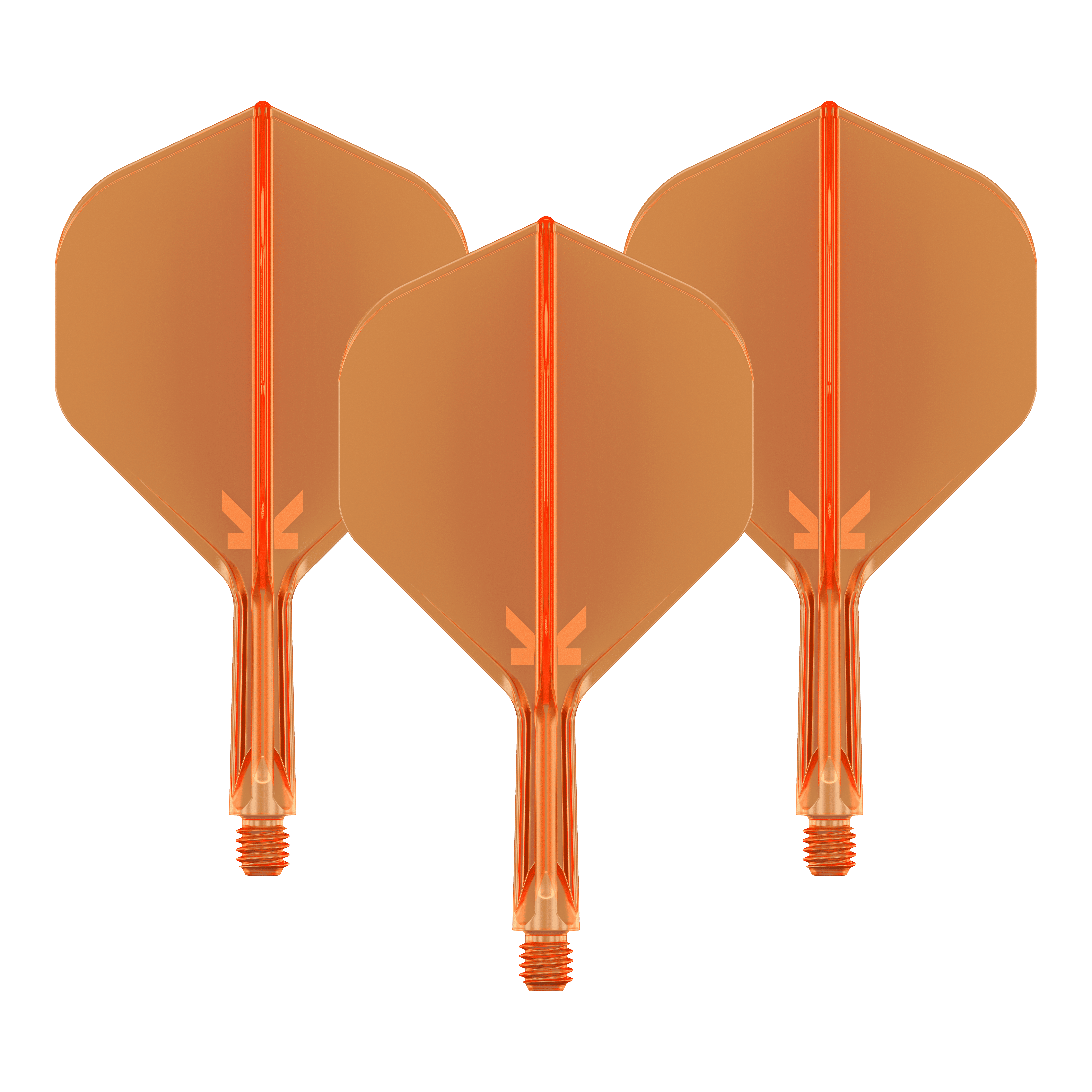 Target K-Flex No2 Standard Flight System - Neon Orange Das Bild zeigt drei neonorange Dartflights mit Shafts. Sie sind in einer Reihe nebeneinander angeordnet und haben eine transparente Optik.