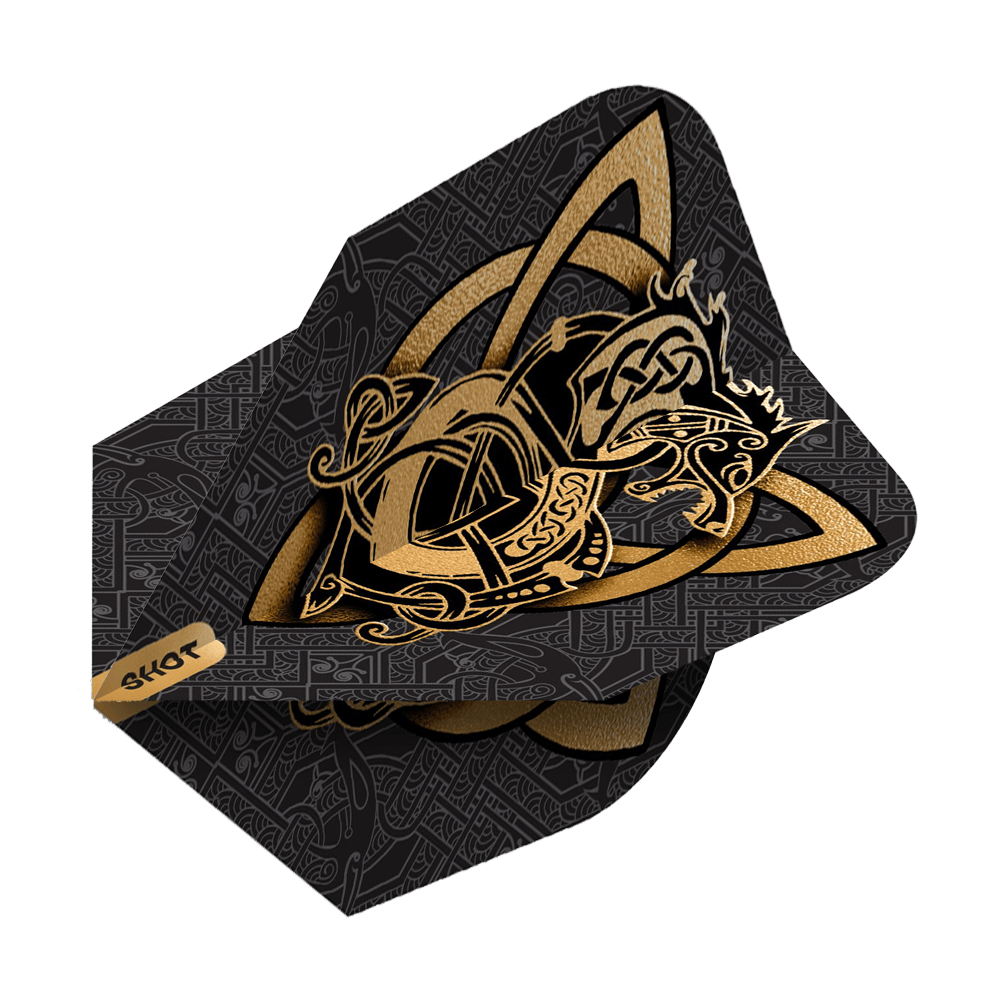 Shot Viking Wolf No. 6 Flights Das Bild zeigt die Shot Viking Wolf No6 Flights mit einem eindrucksvollen goldenen Wikinger-Wolf-Design auf schwarzem Hintergrund. Die Flights sind mit detailreichen, nordisch inspirierten Mustern verziert.