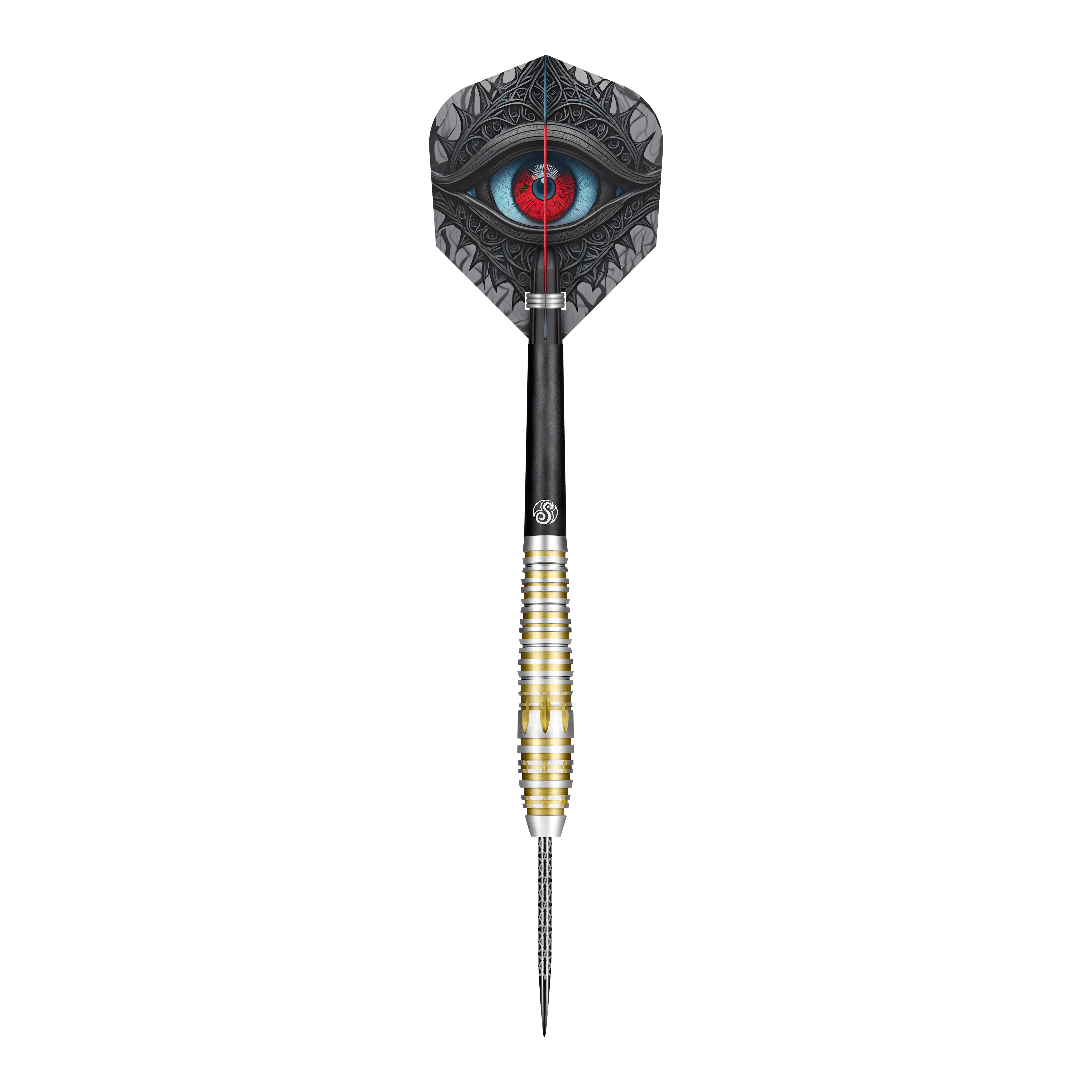 Shot Celt Balor Steeldarts Dieses Bild zeigt einen Steeldartpfeil des Produkts "Shot Celt Balor Steeldarts". Auf dem Flight ist ein auffälliges Auge in blauen und roten Farbtönen abgebildet.