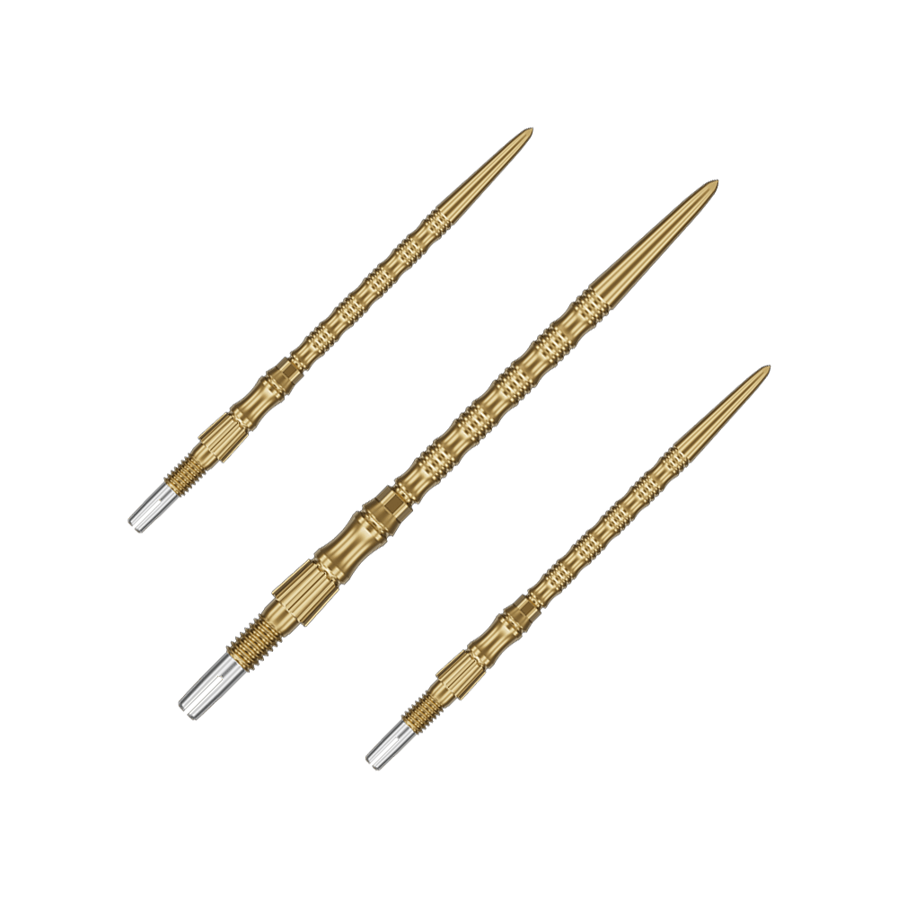 Das Bild zeigt ein Set goldener Dartspitzen mit 42mm Länge. Die Spitzen sind Target SwissPoint Signature TRB Dartspitzen.