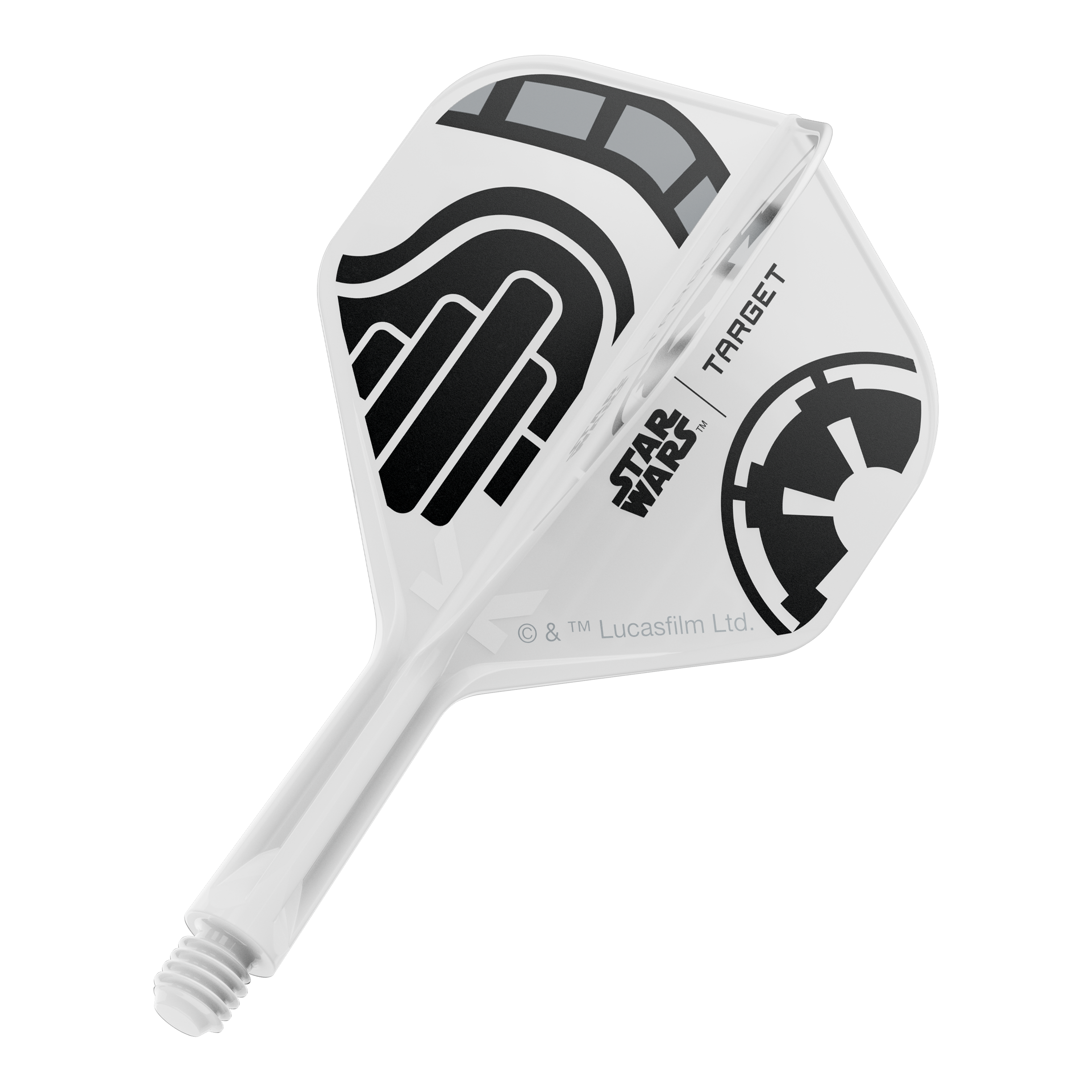 Das Bild zeigt einen kurzen Dartflügel mit dem Dateinamen 'Stormtrooper No2 Standard Flights Short 19mm 1'. Das Design ist inspiriert von der Star Wars Stormtrooper Optik.