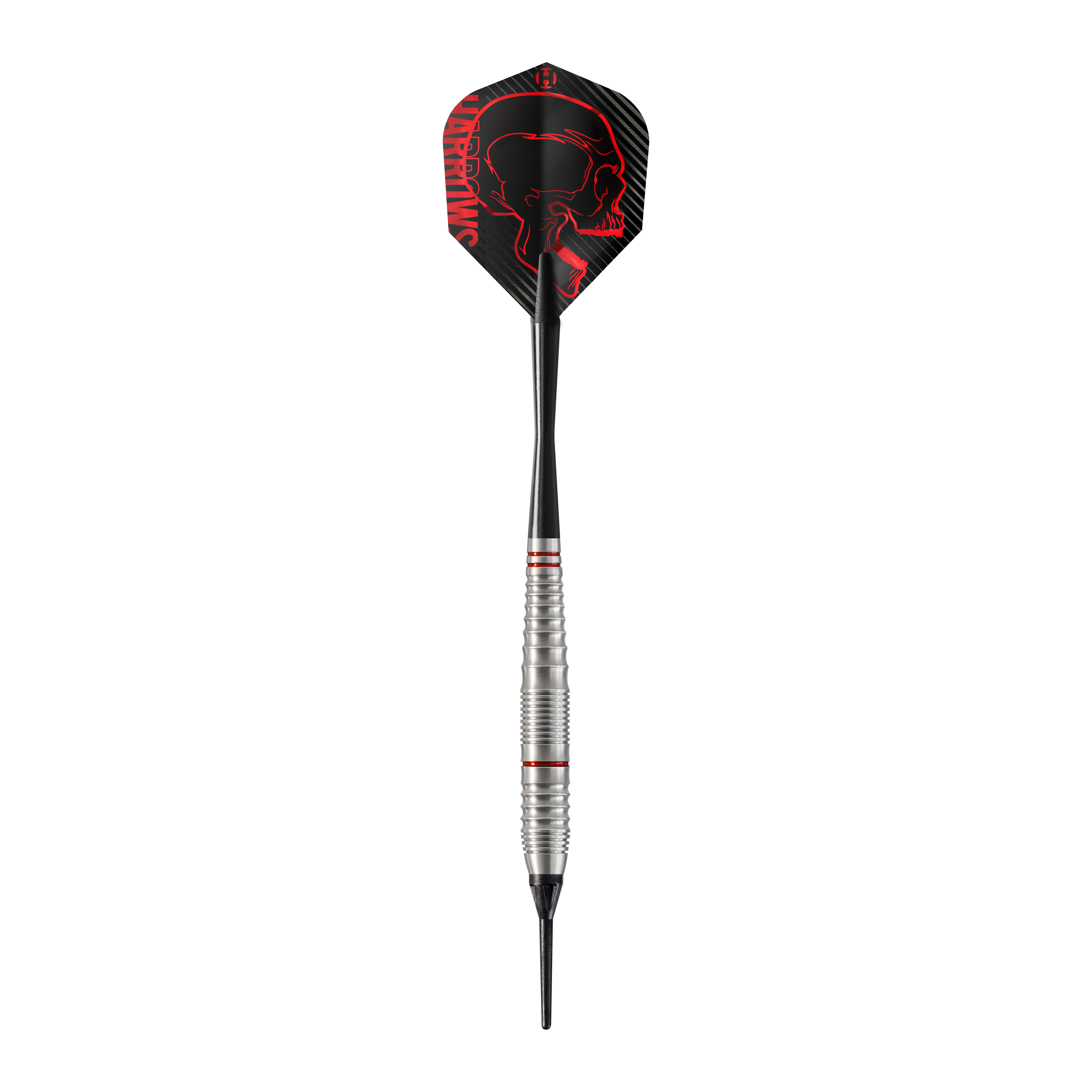 Harrows Rage Softdarts Das Bild zeigt einen Harrows Rage Softdart mit silbernem Griff und schwarzer Spitze. Das Dartflight ist schwarz mit einem roten Totenkopf und der Aufschrift "HARROWS" verziert.
