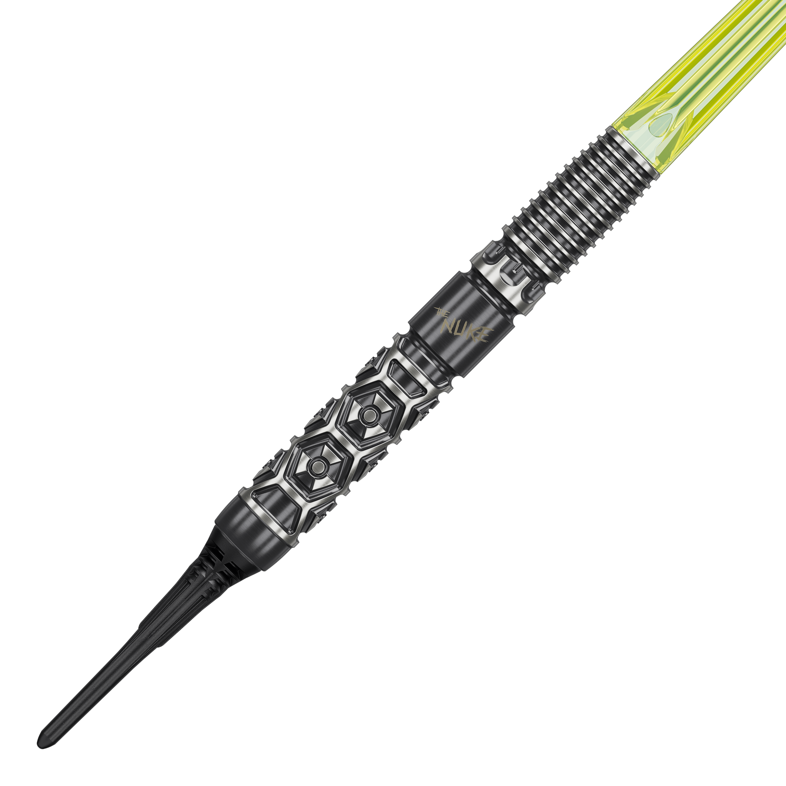 Target Luke Littler Nuke Fallout Soft Darts - 19g Das Bild zeigt die Target Luke Littler Nuke Fallout Softdarts - 19g. Diese Darts sind für Softdart-Spieler geeignet und modern gestaltet.