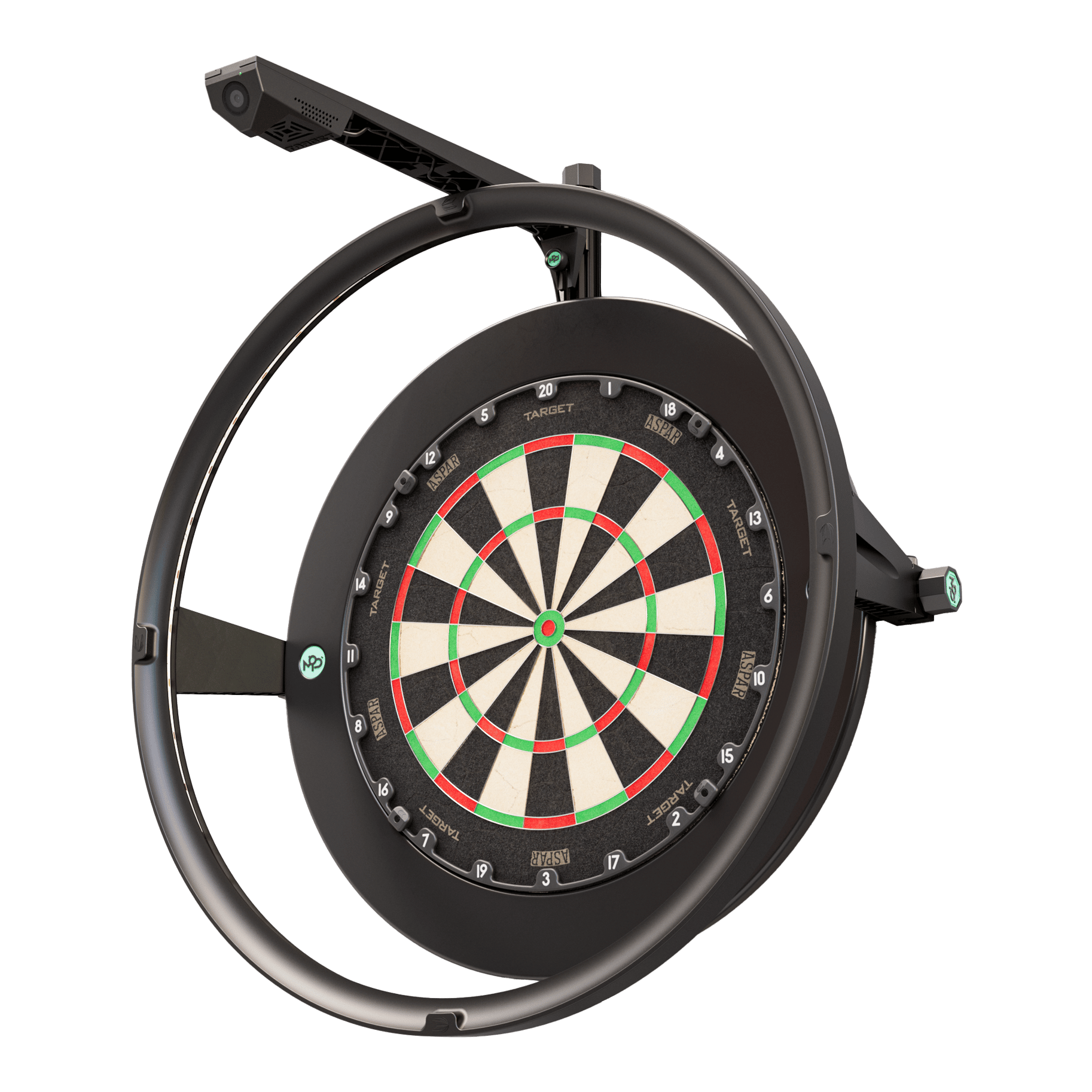 Target VIRT Camera Das Bild zeigt das Produkt "Target VIRT Kamera", das eine Dartscheibe mit einer integrierten Kamera darstellt. Die Kamera ist oberhalb der runden Einfassung der Dartscheibe montiert.