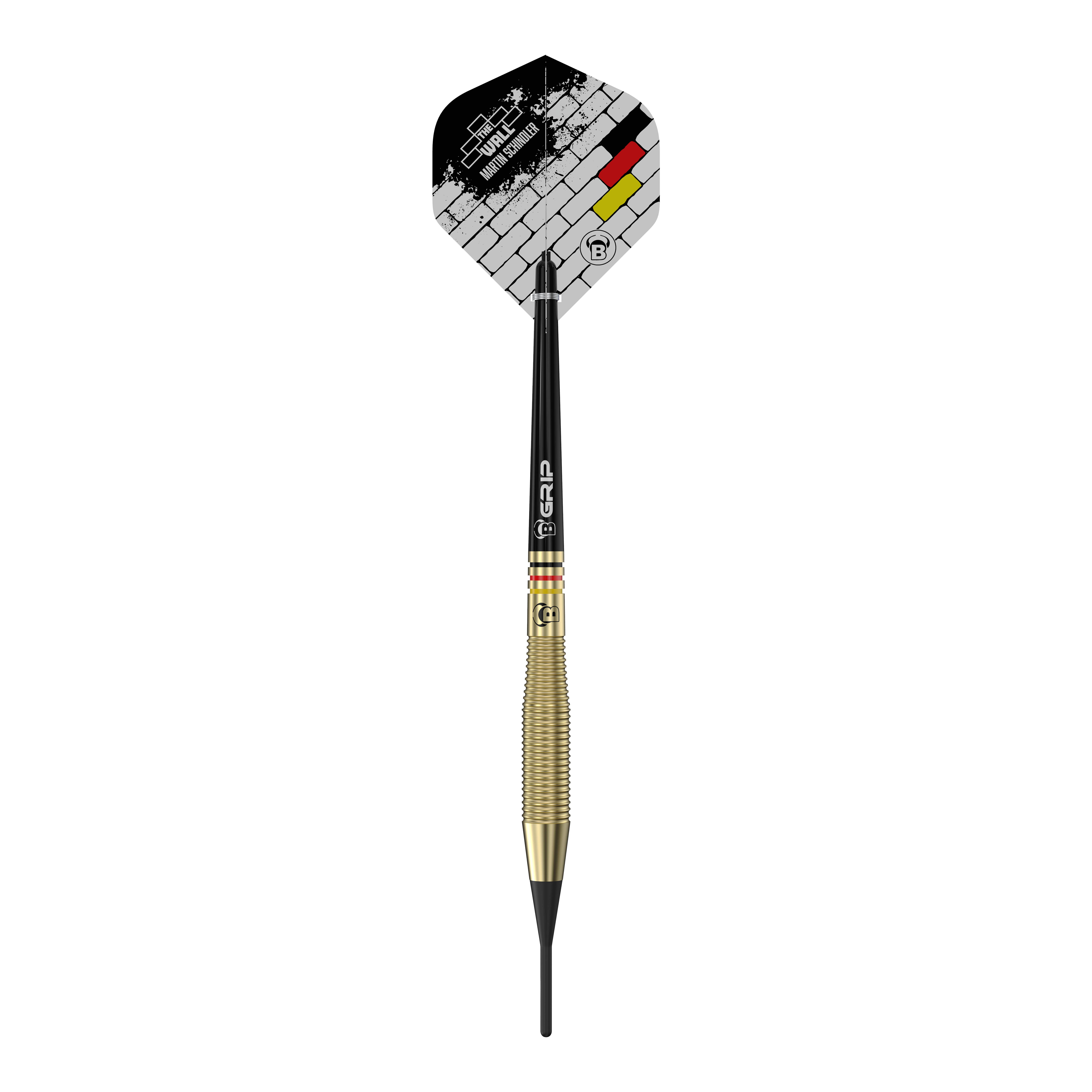 Bulls Martin Schindler The Wall Brass Softdarts - 18g Auf dem Bild ist der Softdart "Bulls Martin Schindler The Wall Brass Softdarts - 18g" zu sehen. Der Dart hat eine goldfarbene Griffzone und ein Flight-Design mit Mauer- und Deutschlandfarben.