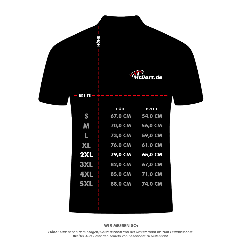 HRS-26036_Harrows_Paragon_Dartshirts_5_XXLjA22LhLtbRysl Das Bild zeigt eine Größentabelle für das Produkt "Harrows Paragon Dartshirt - Gelb". Die Tabelle listet die Maße für Höhe und Breite in Zentimetern für die Größen S bis 5XL auf.