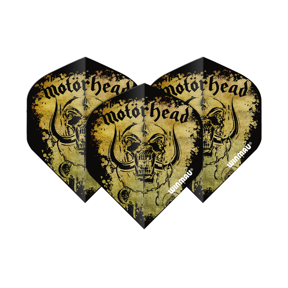 6905-241_Winmau_Motorhead_Acid_Splat_Standard_Flights_1WJF4TvZ0VzAaJ Das Bild zeigt die "Winmau Motorhead Acid Splat Standard Flights" mit einem auffälligen Totenkopf-Design. Die Flights sind in Schwarz und Gelb gehalten und tragen das Motorhead-Logo.