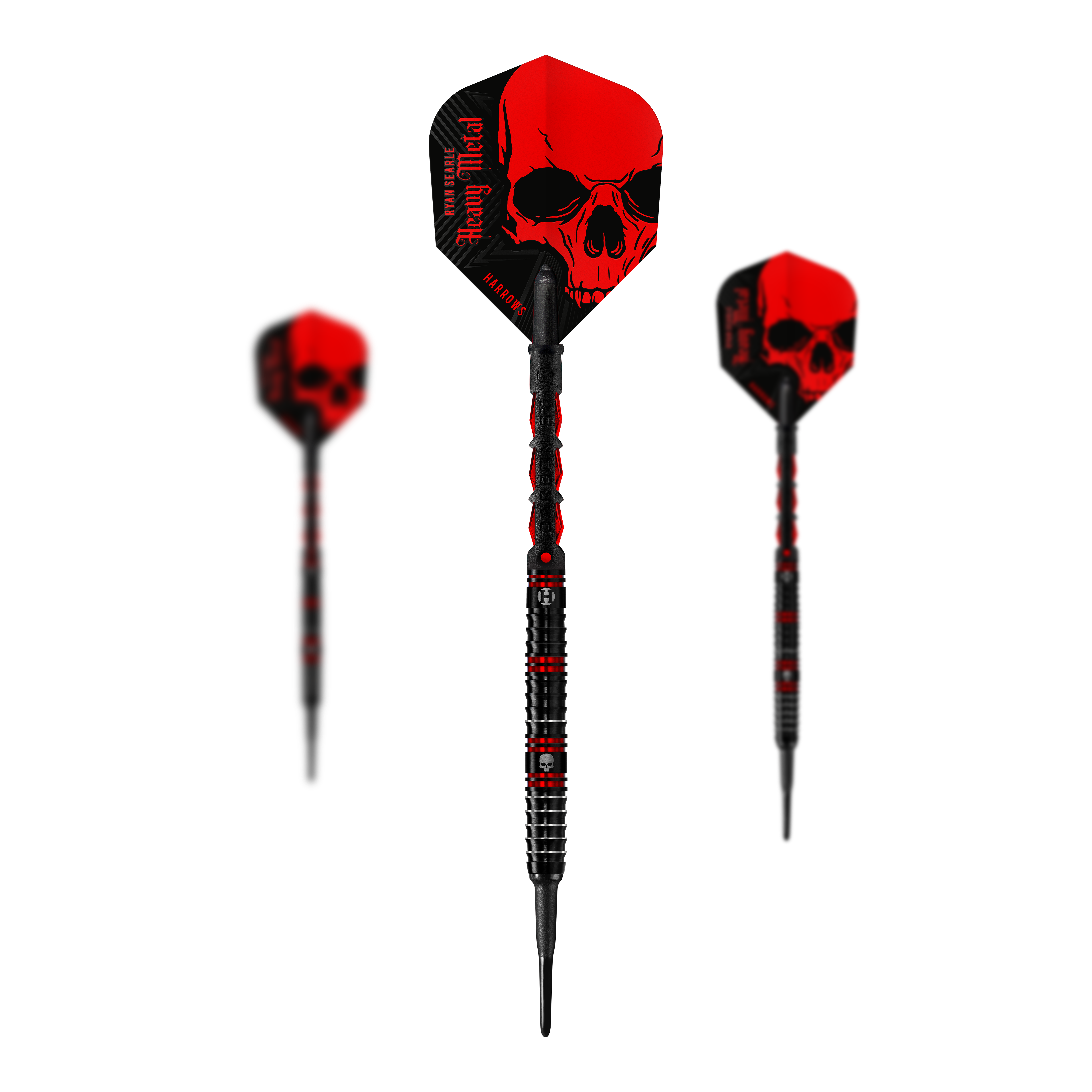 Harrow's Ryan Searle Heavy Metal Soft Darts Die Abbildung zeigt die Harrows Ryan Searle Heavy Metal Softdarts. Die Darts sind schwarz-rot gestaltet und haben ein auffälliges Totenkopf-Motiv auf den Flights.
