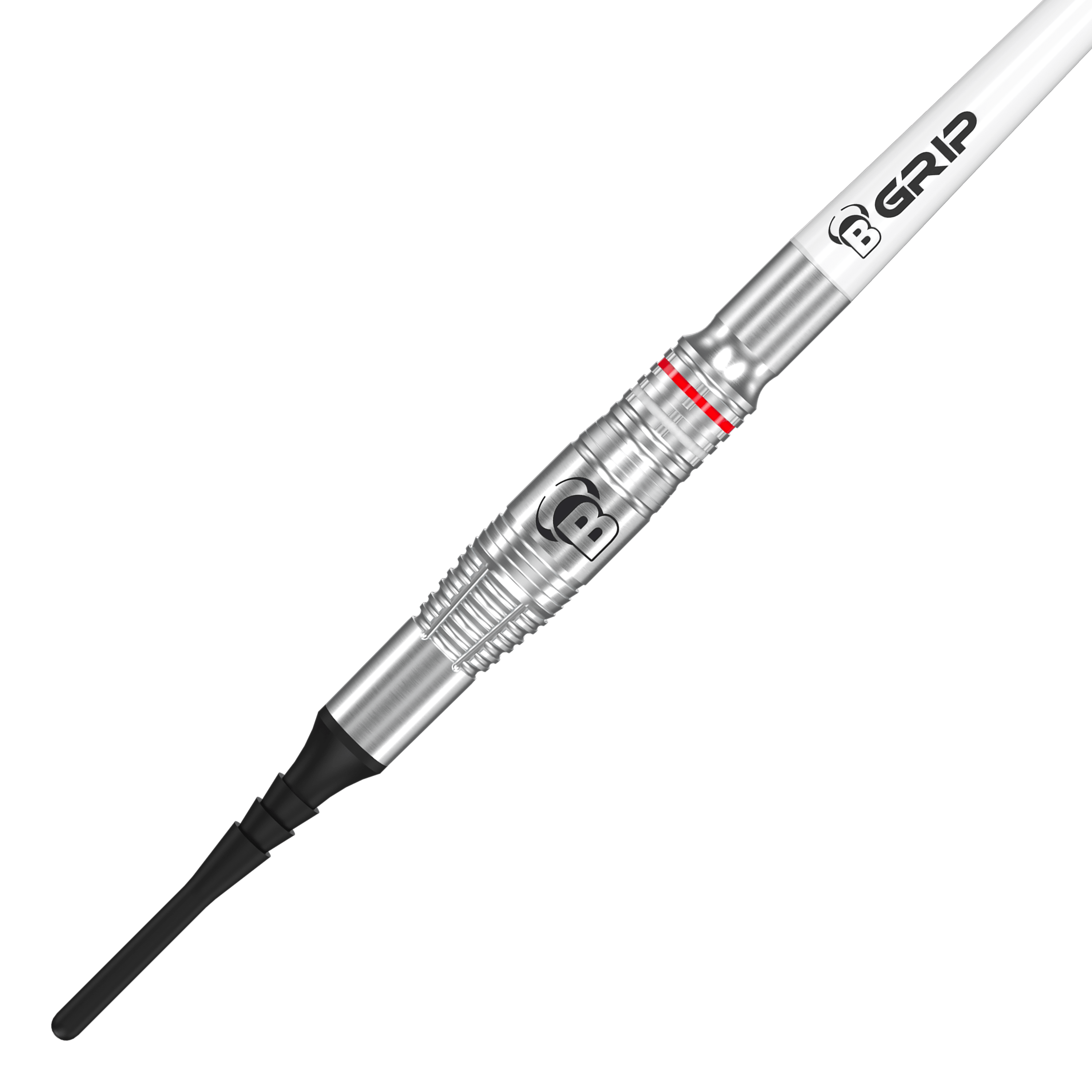 Bulls Niko Springer soft darts - 22g Das Bild zeigt einen Bulls Niko Springer Softdart mit einem Gewicht von 22g. Der Dart hat eine silberne Metallspitze und einen weißen Schaft mit der Aufschrift "B GRIP".