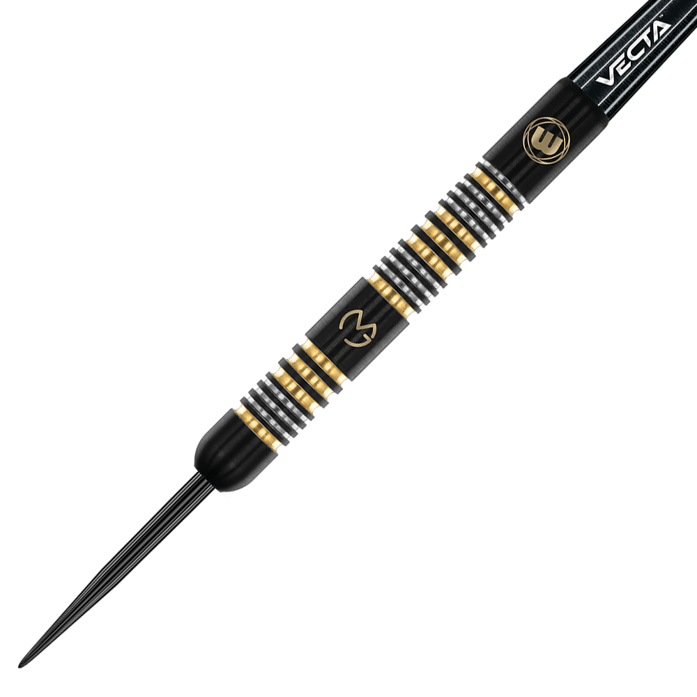 1481_Winmau_Michael_Van_Gerwen_Trilogy_Steeldarts_2 Das Bild zeigt einen schwarzen Steeldart mit goldenen und silbernen Ringen. Auf dem Dart sind Logos und der Schriftzug "VECTA" zu sehen.