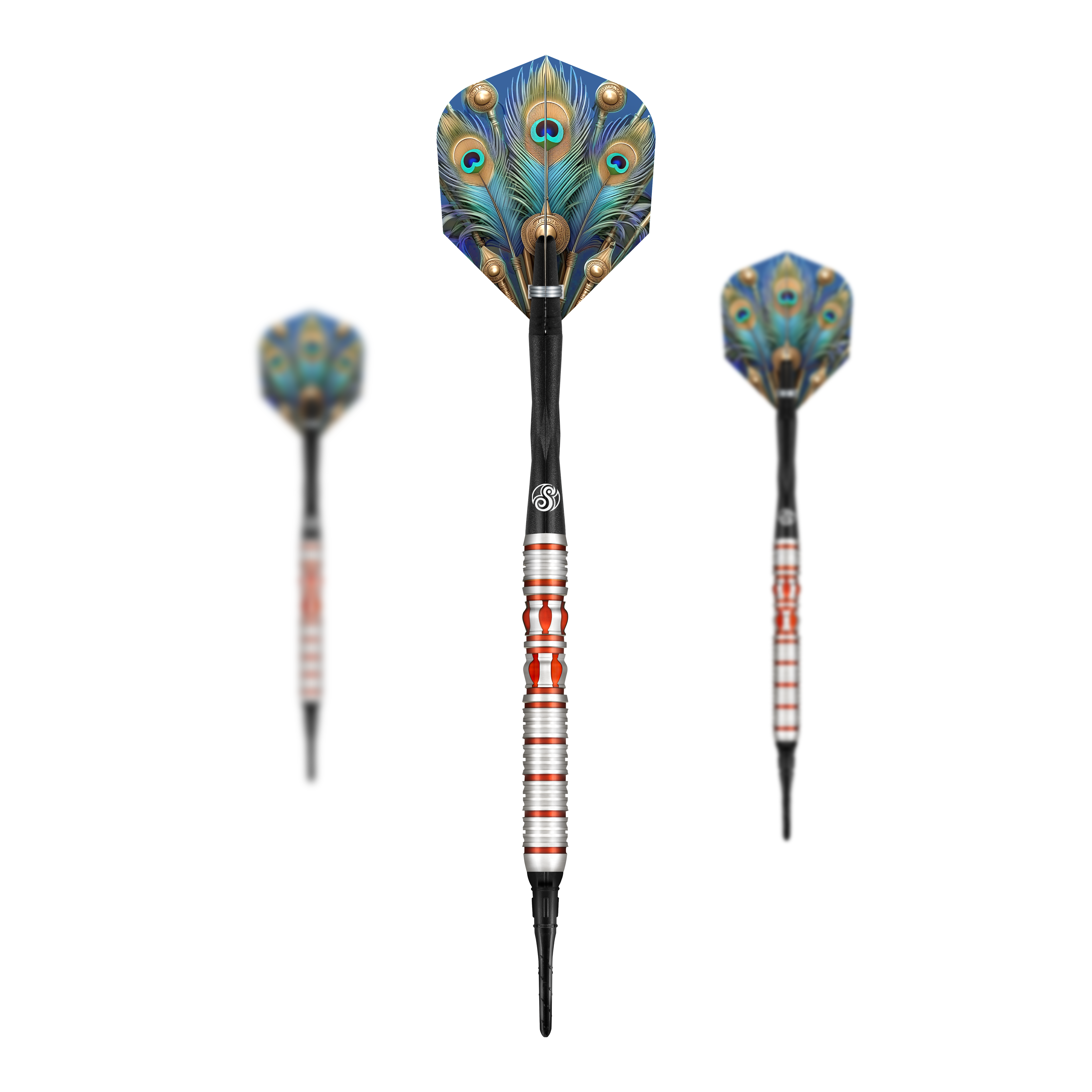 Shot Roman Empire Juno soft darts Das Bild zeigt drei Softdarts des Modells „Shot Roman Empire Juno“. Die Flights sind mit einem auffälligen Pfauenfeder-Muster gestaltet.