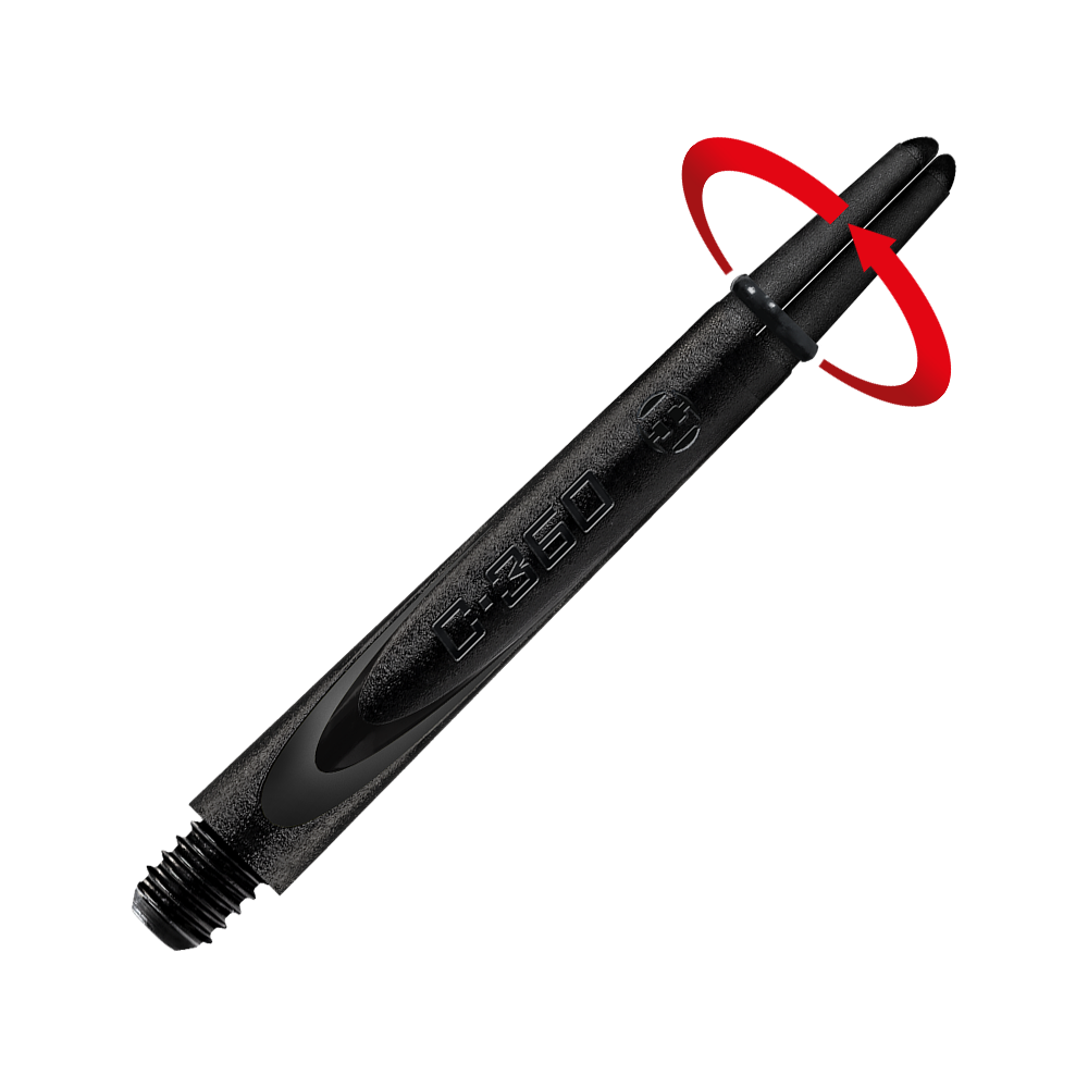 HR460_Harrows_Carbon_360_Shafts_Schwarz_49mm_2_Symbol Das Bild zeigt einen schwarzen Dart-Schaft aus Carbon. Auf dem Schaft steht die Prägung "360" und er hat ein Gewinde am unteren Ende.