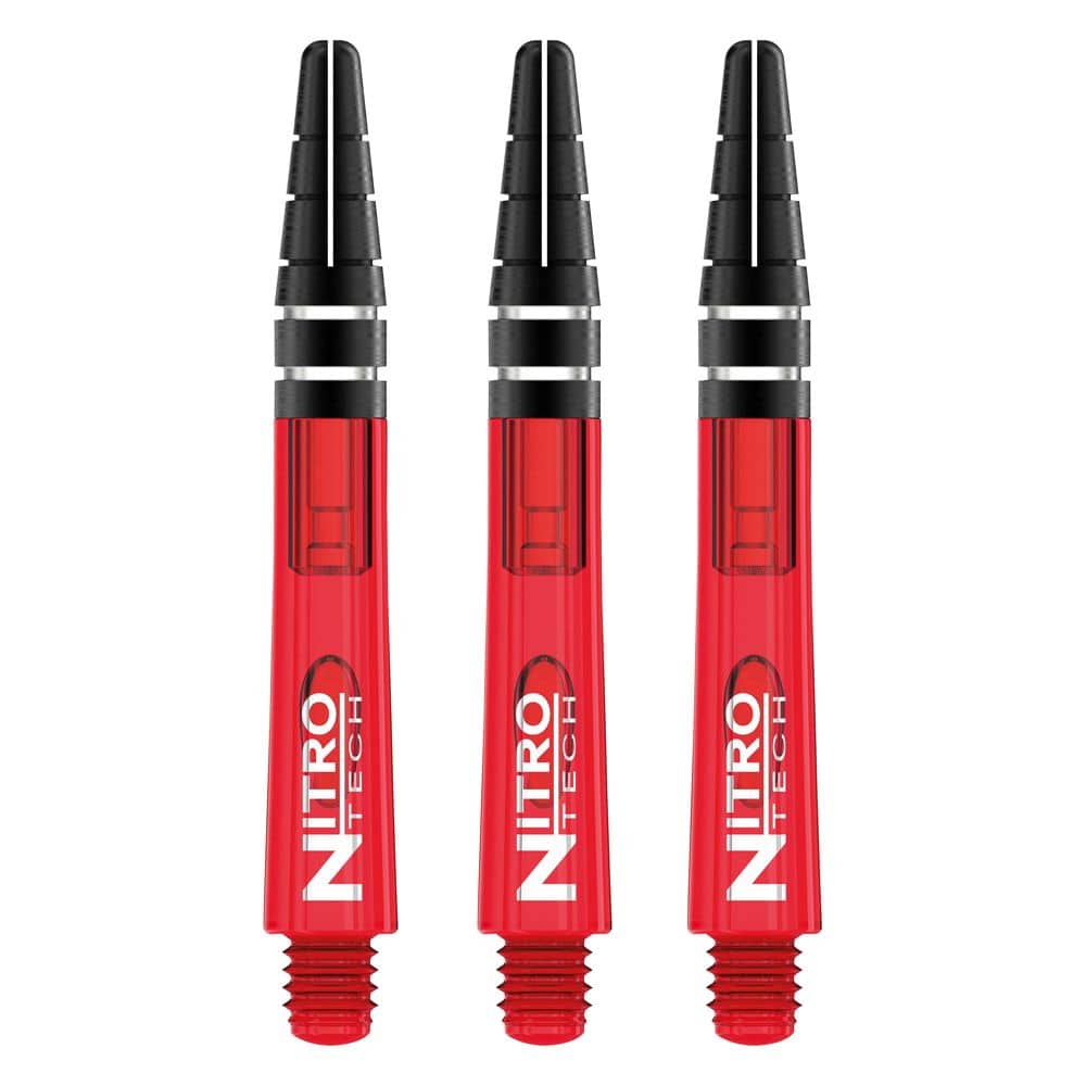 C443_Nitrotech_Short_Red_V Das Bild zeigt drei rote RedDragon Nitrotech Shafts, die für Darts verwendet werden. Sie haben ein modernes Design mit schwarzen und silbernen Akzenten.