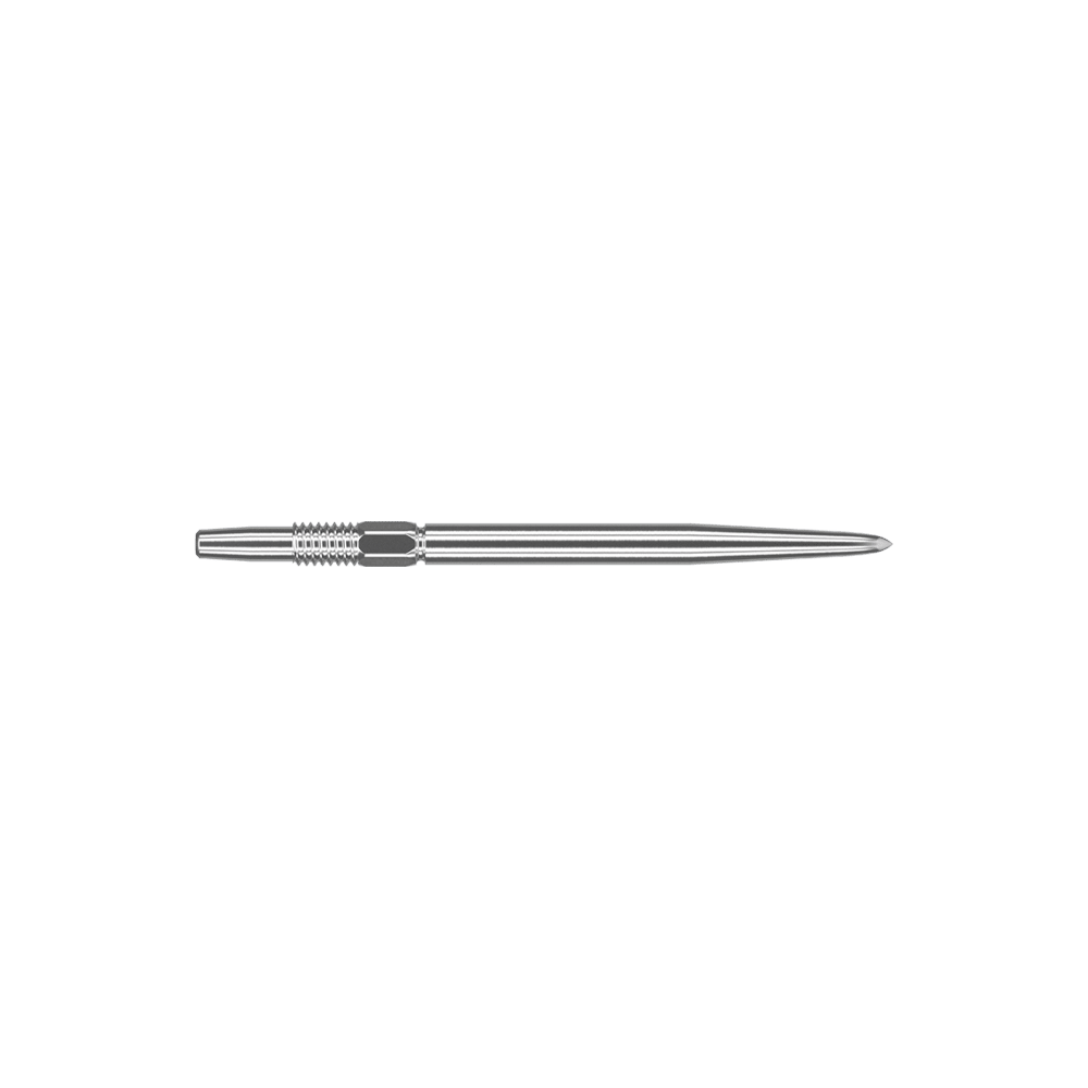 Target Swiss Point Silver dart tips Das Bild zeigt eine silberne Dartspitze mit einer Länge von 30 mm. Die Spitze ist schmal und hat feine Rillen im hinteren Bereich für besseren Halt.