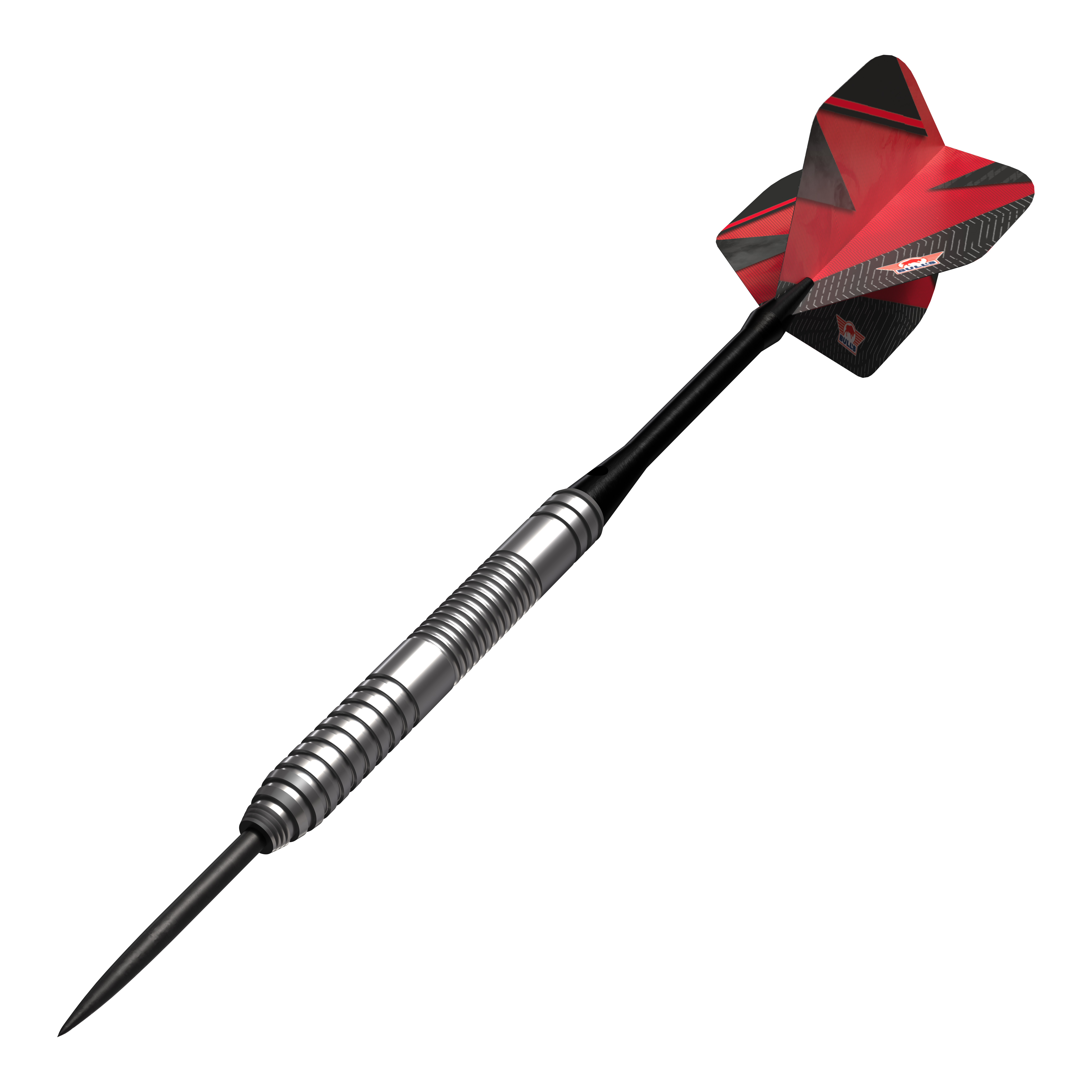 Bulls NL Lightning Red steel darts Das Bild zeigt einen Bulls NL Lightning Red Steeldart mit silbernem Barrel und roten Flights. Der Dart hat ein modernes Design und ist für Präzision beim Spielen gemacht.