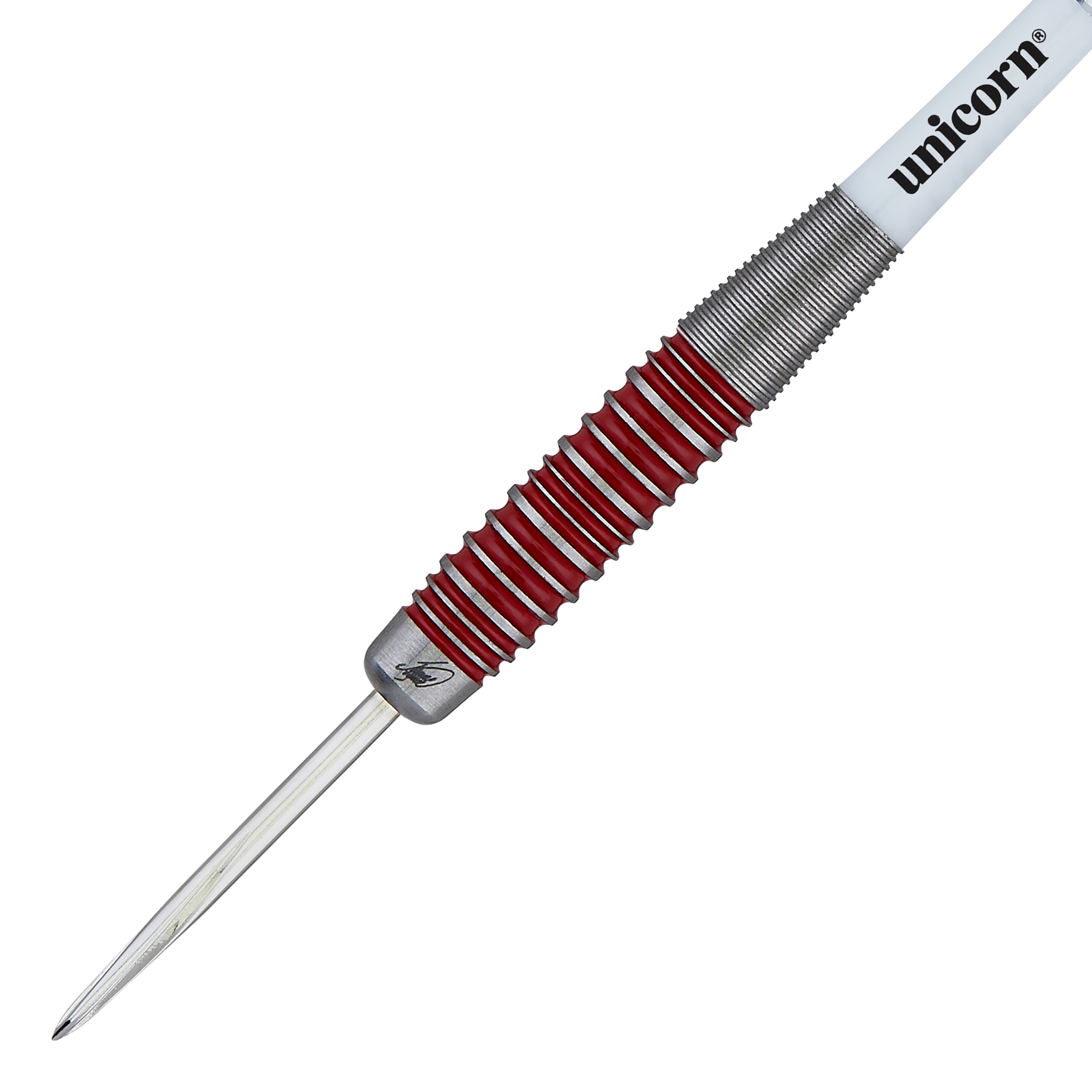 Das Bild zeigt einen Steeldartpfeil der Marke Unicorn aus der "The Machine James Wade 90%" Serie. Der Dart hat ein silbernes und rotes Griffstück sowie eine weiße Schaft mit dem Schriftzug "unicorn".