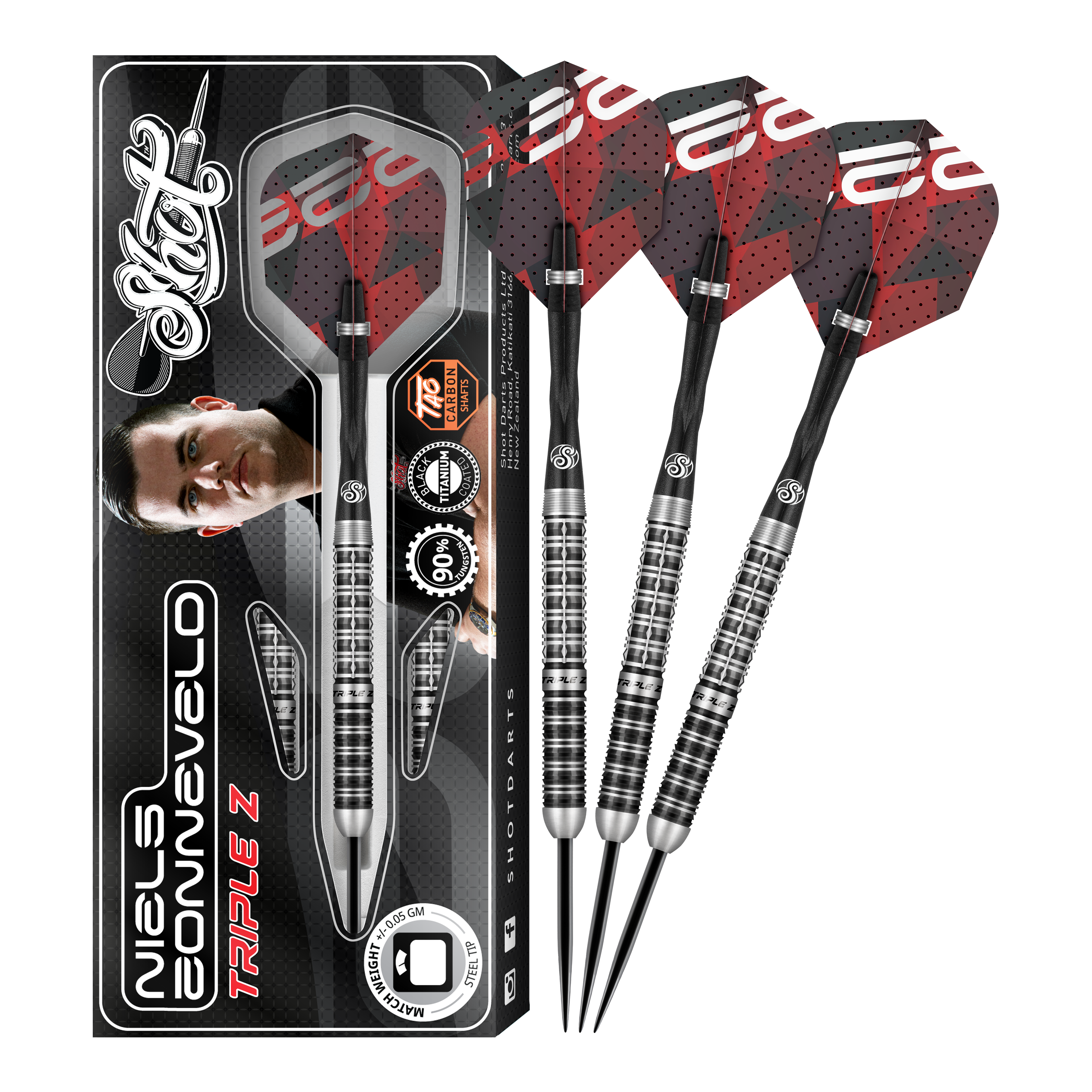 Shot Niels Zonneveld V2 steel darts Das Bild zeigt das Produkt "Shot Niels Zonneveld V2 Steeldarts" samt Verpackung und vier Steeldarts. Die Darts haben ein silber-schwarzes Design mit roten Flights.
