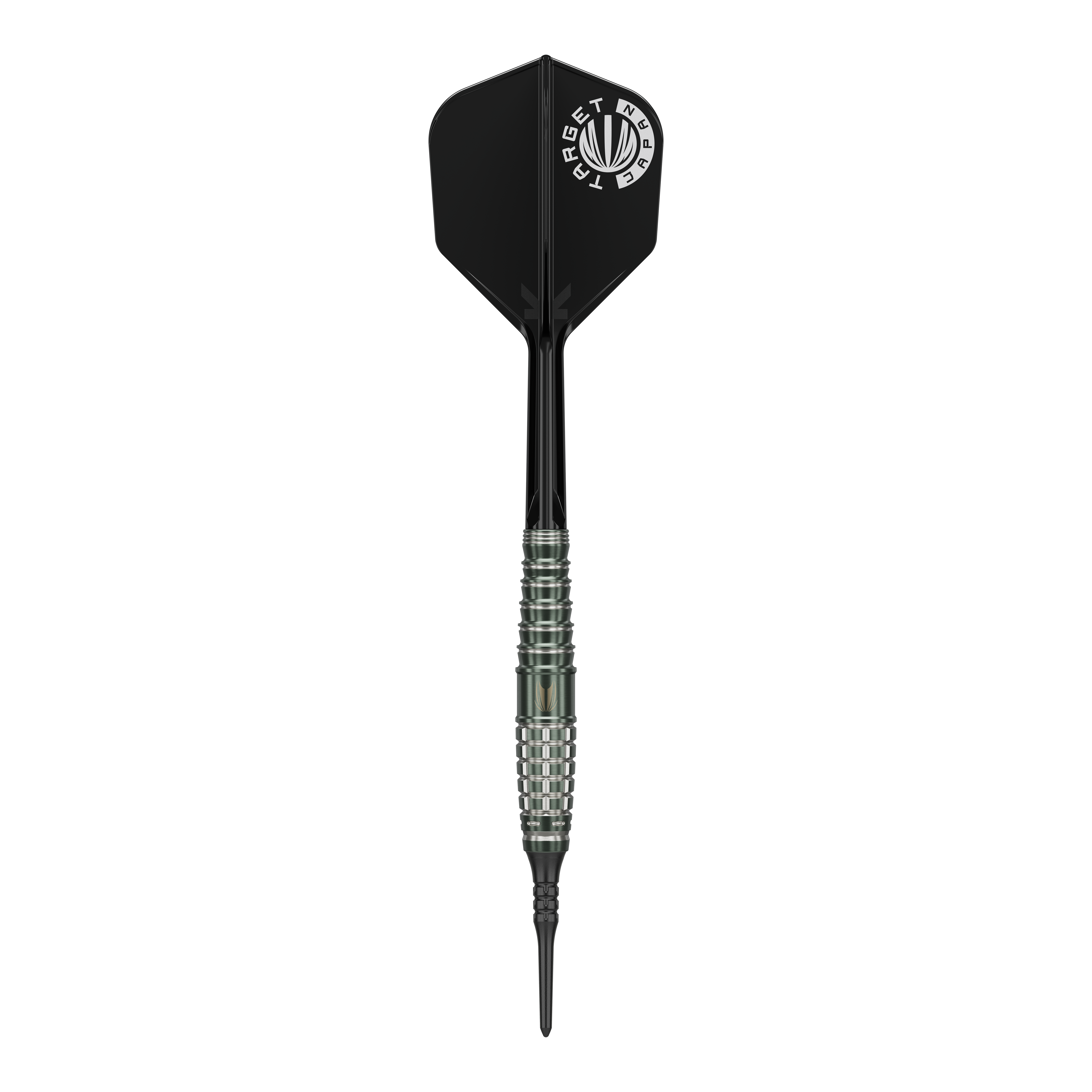 Target Japan Akito Yamagata Scream GEN1 Soft Darts - 19g Das Bild zeigt einen Target Japan Akito Yamagata Scream GEN1 Softdart mit einem Gewicht von 19g. Der Dart hat eine schwarze Spitze, einen silbernen, geriffelten Schaft und eine schwarze Flights mit weißem Aufdruck.