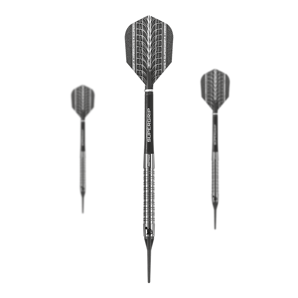Harrows Supergrip 90% soft darts Das Bild zeigt drei Harrows Supergrip 90% Softdarts mit silbernem, gerilltem Barrel. Die Flights sind schwarz mit einem auffälligen Muster gestaltet.
