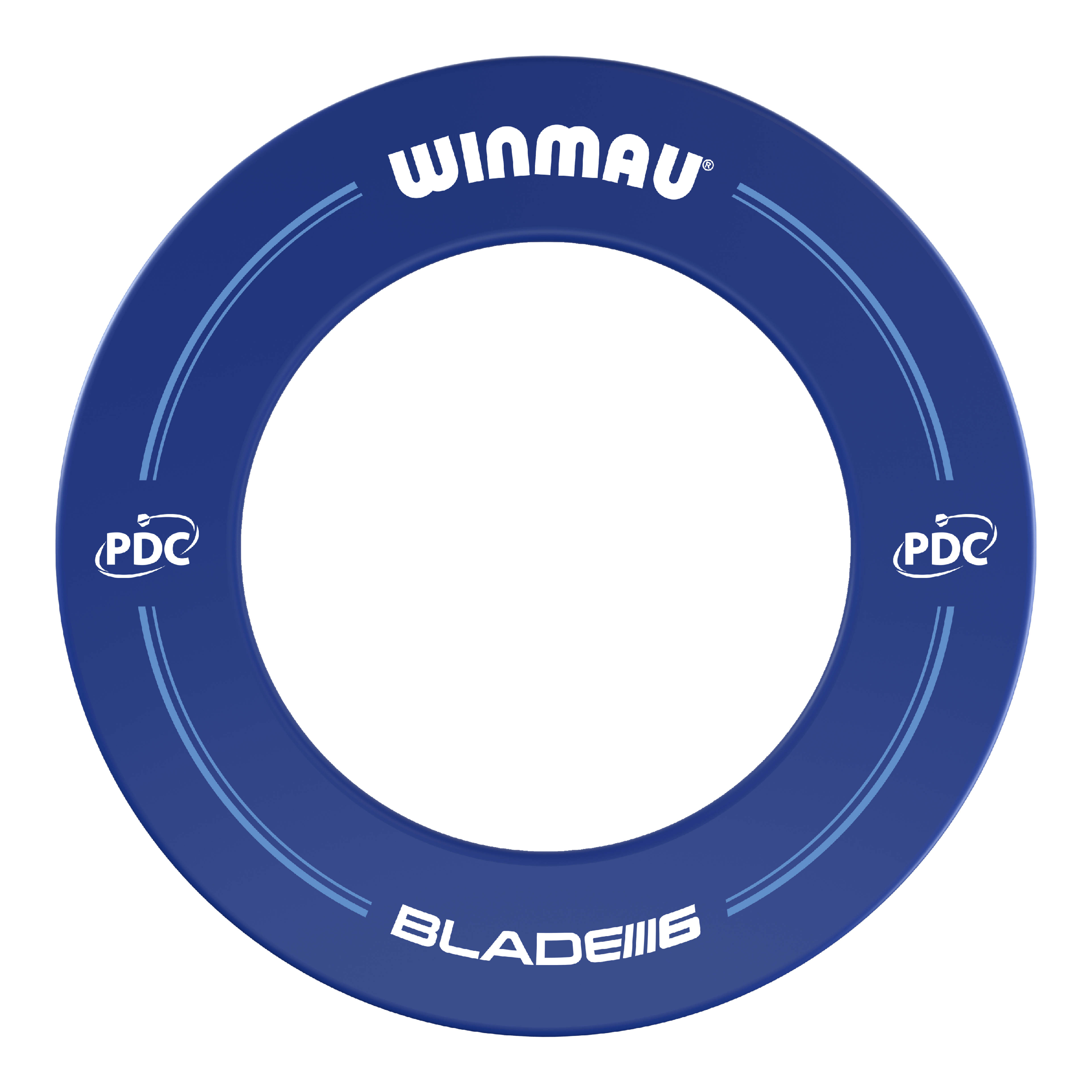 Winmau PDC Dartboard Surround - Blue Das Bild zeigt einen blauen Dartboard-Surround der Marke Winmau mit PDC-Logo. Auf dem Ring stehen die Worte "WINMAU" und "BLADE 6".