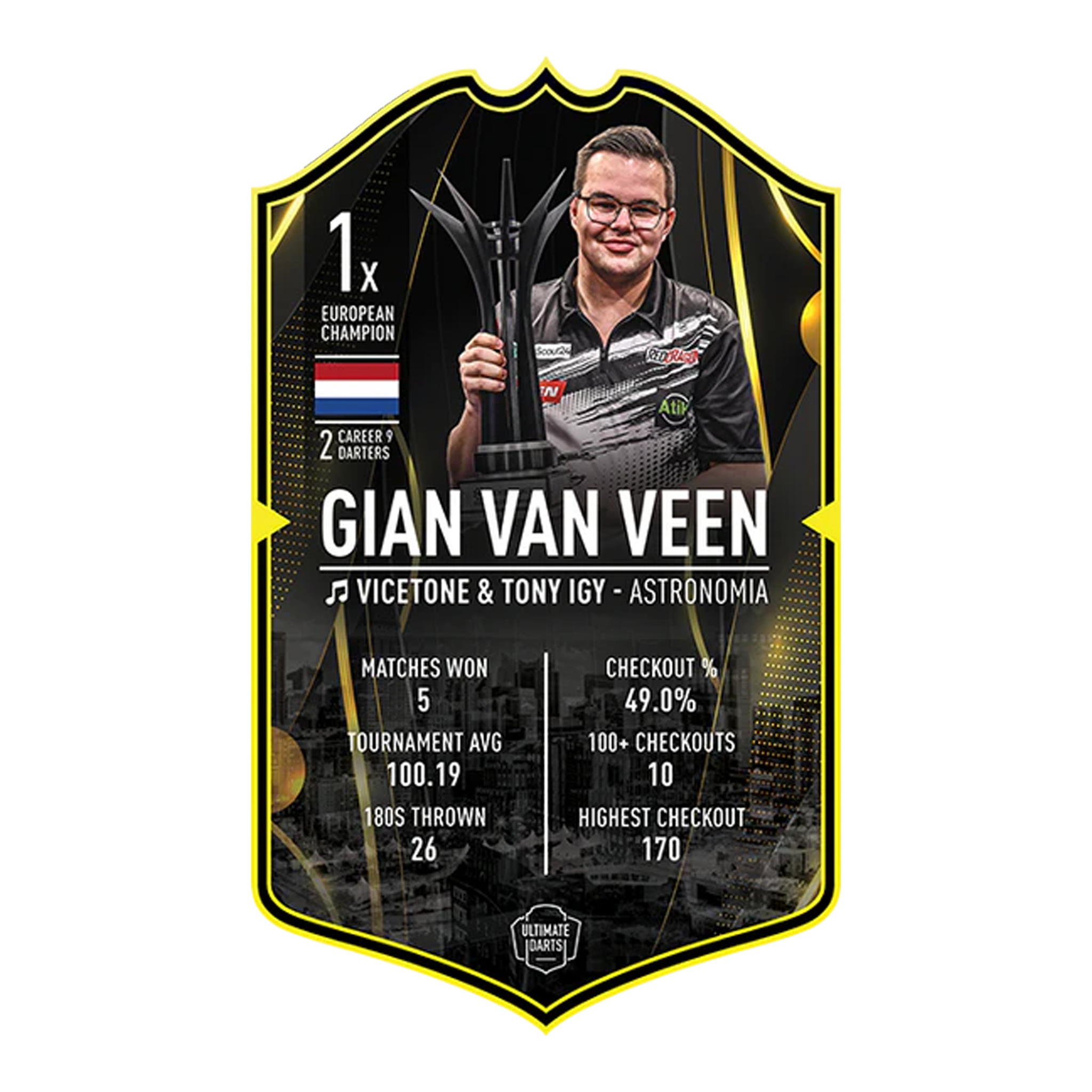 Ultimate Darts Card - Gian Van Veen. Diese Karte zeigt den Spieler Gian Van Veen aus der Ultimate Darts Card Serie.