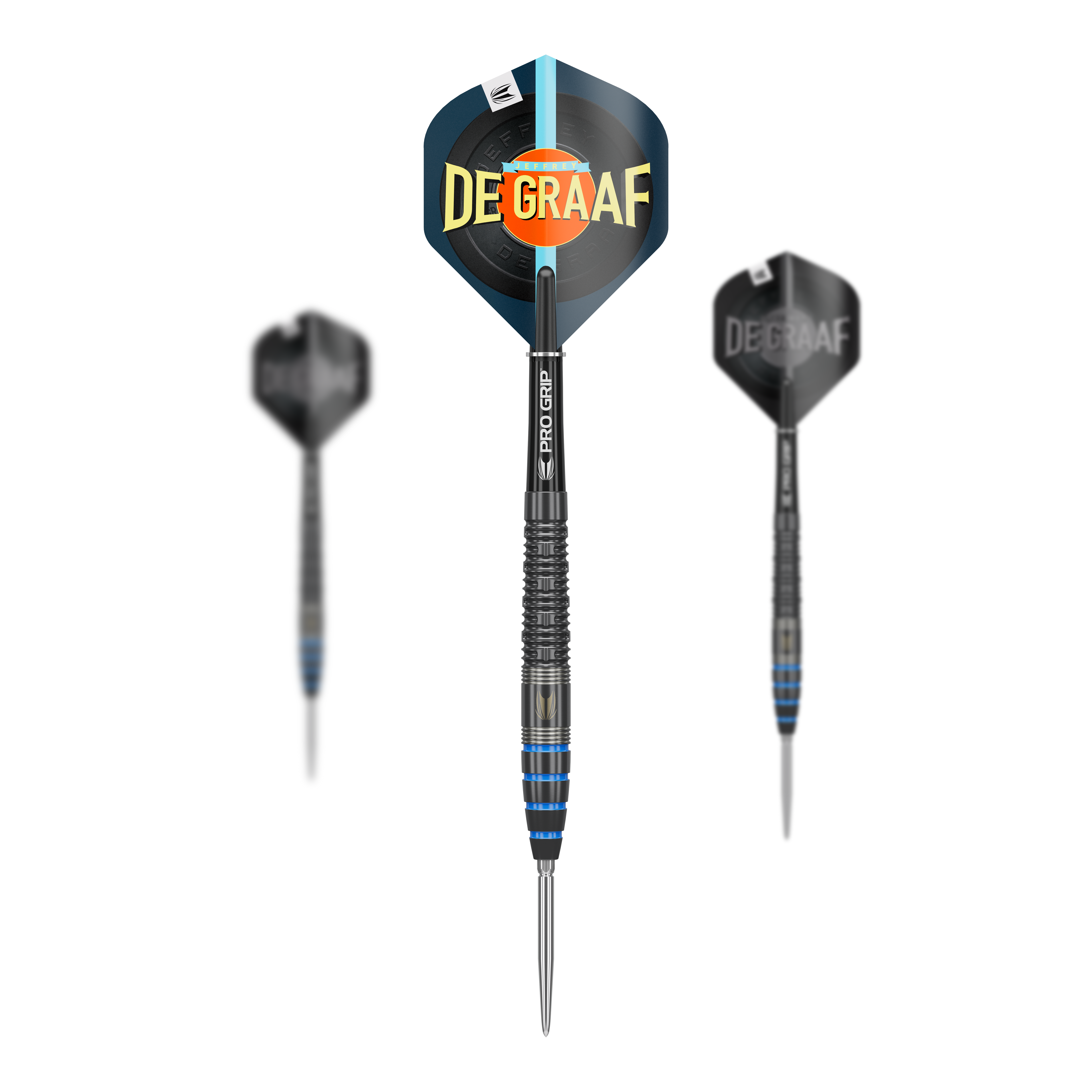 Target Jeffrey De Graaf GEN1 Swiss Point Steeldarts - 23g Das Bild zeigt drei Steeldarts des Modells "Target Jeffrey De Graaf GEN1 Swiss Point - 23g". Auf dem Dartflügel in der Mitte steht groß "DE GRAAF".